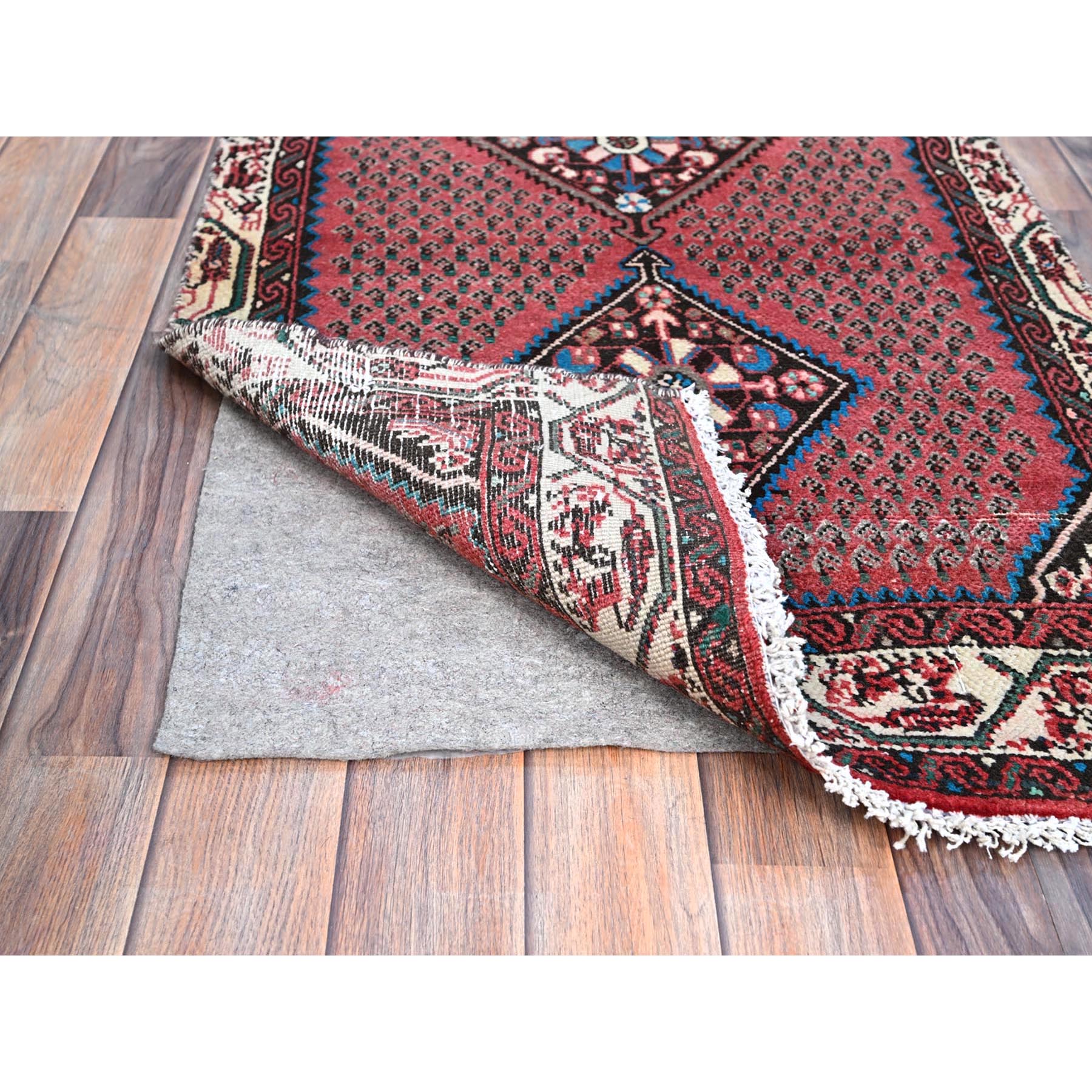 2'6"x12'9" Pompeian Red, Distressed Look With No Holes, Distinct Abrash, Vintage Persian Hamadan and Geometric Elements, Hand Knotted, Soft Wool, Sides And Ends Secured, Runner Oriental Rug Sh216