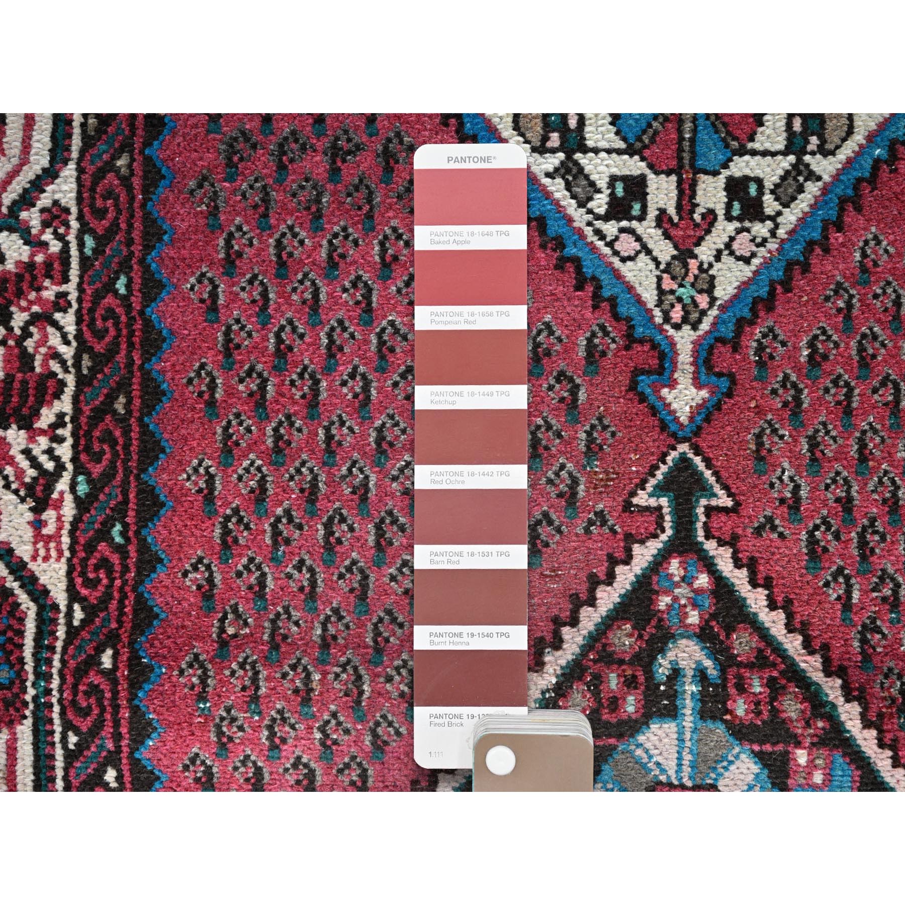 2'6"x12'9" Pompeian Red, Distressed Look With No Holes, Distinct Abrash, Vintage Persian Hamadan and Geometric Elements, Hand Knotted, Soft Wool, Sides And Ends Secured, Runner Oriental Rug Sh216