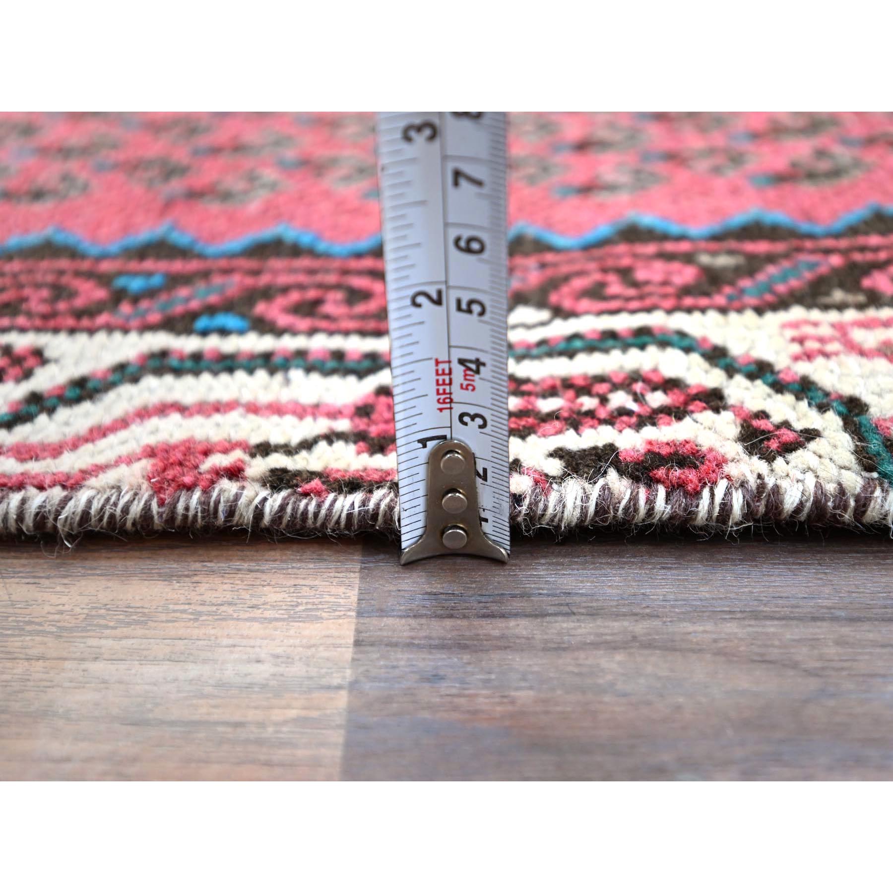 2'6"x12'9" Pompeian Red, Distressed Look With No Holes, Distinct Abrash, Vintage Persian Hamadan and Geometric Elements, Hand Knotted, Soft Wool, Sides And Ends Secured, Runner Oriental Rug Sh216