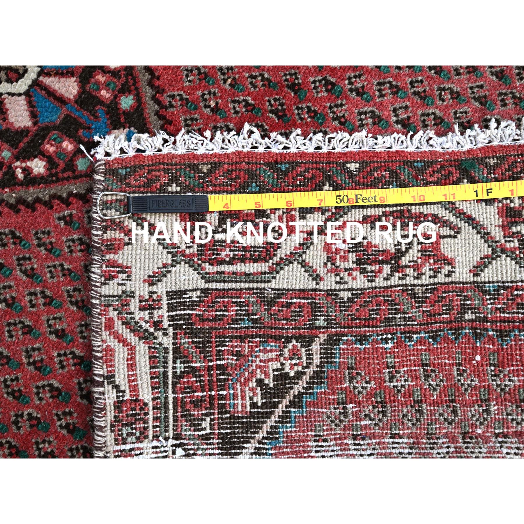 2'6"x12'9" Pompeian Red, Distressed Look With No Holes, Distinct Abrash, Vintage Persian Hamadan and Geometric Elements, Hand Knotted, Soft Wool, Sides And Ends Secured, Runner Oriental Rug Sh216