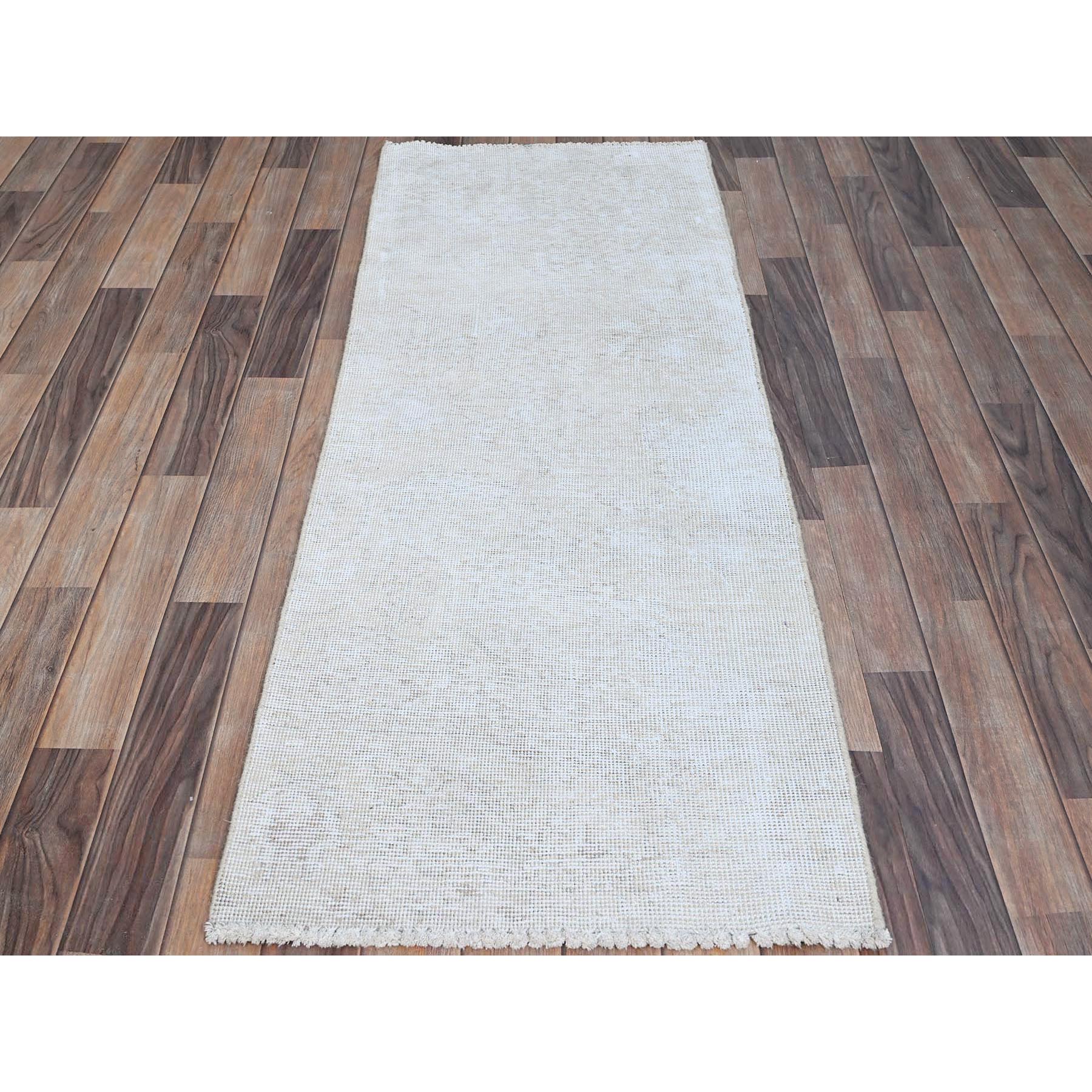 2'1"x5'10" Papyrus White, Worn Down Fragment, Organic Wool Hand Knotted White Wash Old Persian Tabriz, Distressed Look and Sheared Low, Sides and Ends Secured, Oriental Runner Rug Sh220