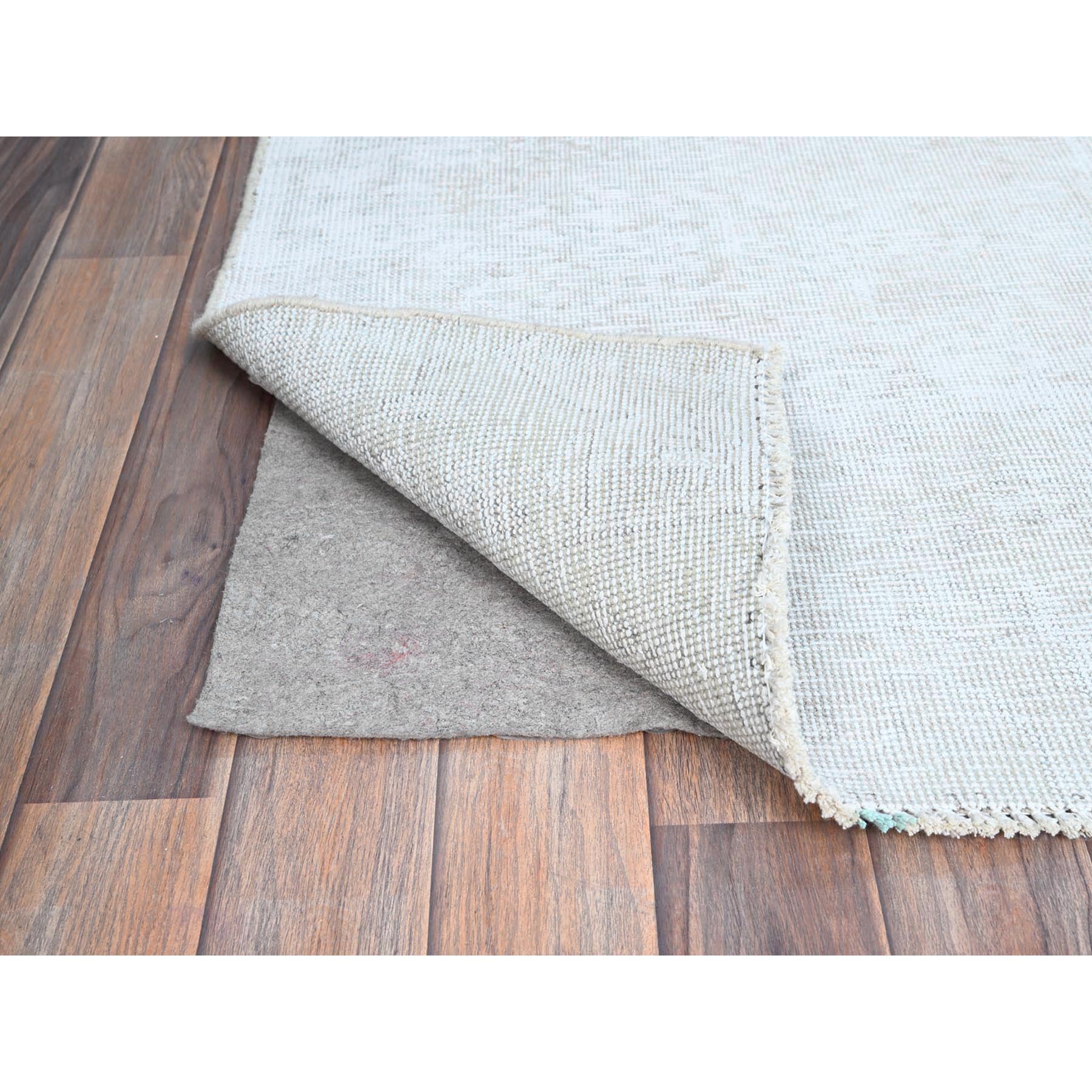 2'1"x5'10" Papyrus White, Worn Down Fragment, Organic Wool Hand Knotted White Wash Old Persian Tabriz, Distressed Look and Sheared Low, Sides and Ends Secured, Oriental Runner Rug Sh220
