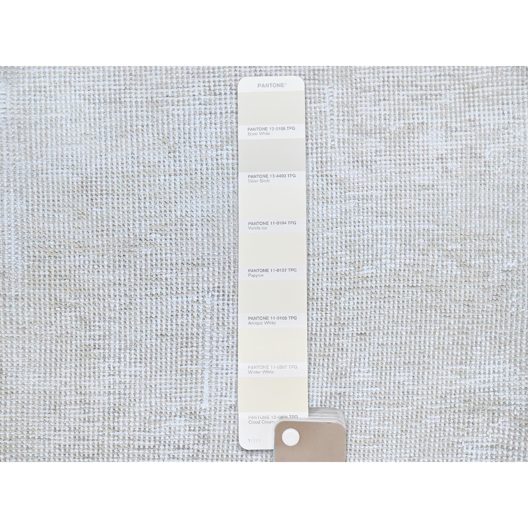 2'1"x5'10" Papyrus White, Worn Down Fragment, Organic Wool Hand Knotted White Wash Old Persian Tabriz, Distressed Look and Sheared Low, Sides and Ends Secured, Oriental Runner Rug Sh220