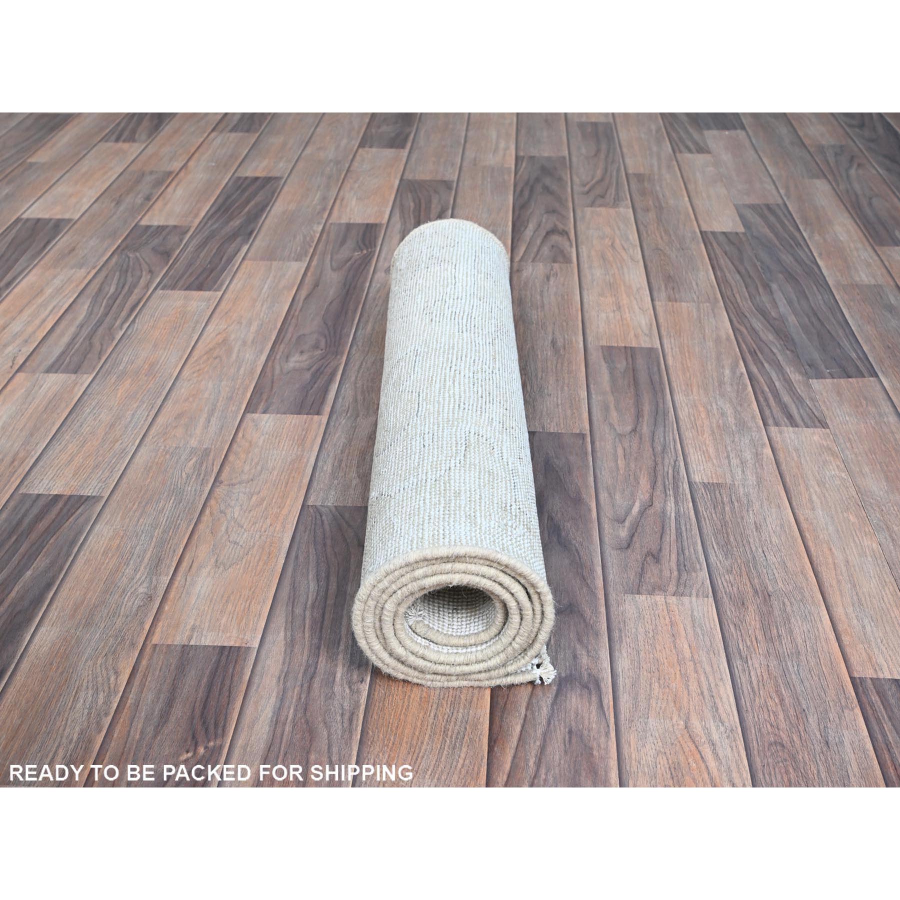 2'1"x5'10" Papyrus White, Worn Down Fragment, Organic Wool Hand Knotted White Wash Old Persian Tabriz, Distressed Look and Sheared Low, Sides and Ends Secured, Oriental Runner Rug Sh220