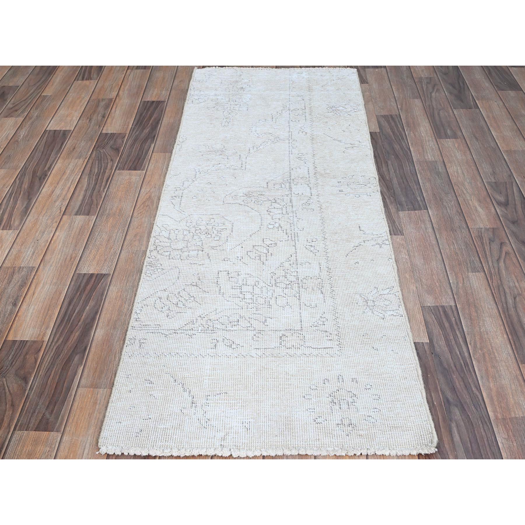 2'1"x5'9" Snow Cap White, Hand Knotted, White Wash Vintage Persian Tabriz Sheared Low Distressed Look, Clean, Shabby Chic, Evenly Worn, Natural Wool, Sides and Ends Professionally Secured, Sample Fragment Oriental Runner Rug Sh221
