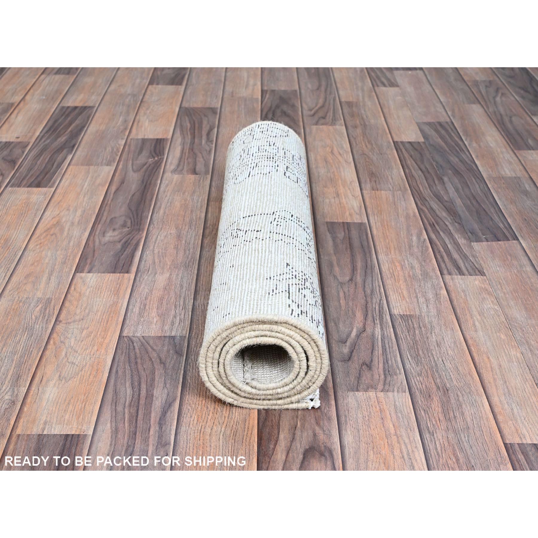 2'1"x5'9" Snow Cap White, Hand Knotted, White Wash Vintage Persian Tabriz Sheared Low Distressed Look, Clean, Shabby Chic, Evenly Worn, Natural Wool, Sides and Ends Professionally Secured, Sample Fragment Oriental Runner Rug Sh221