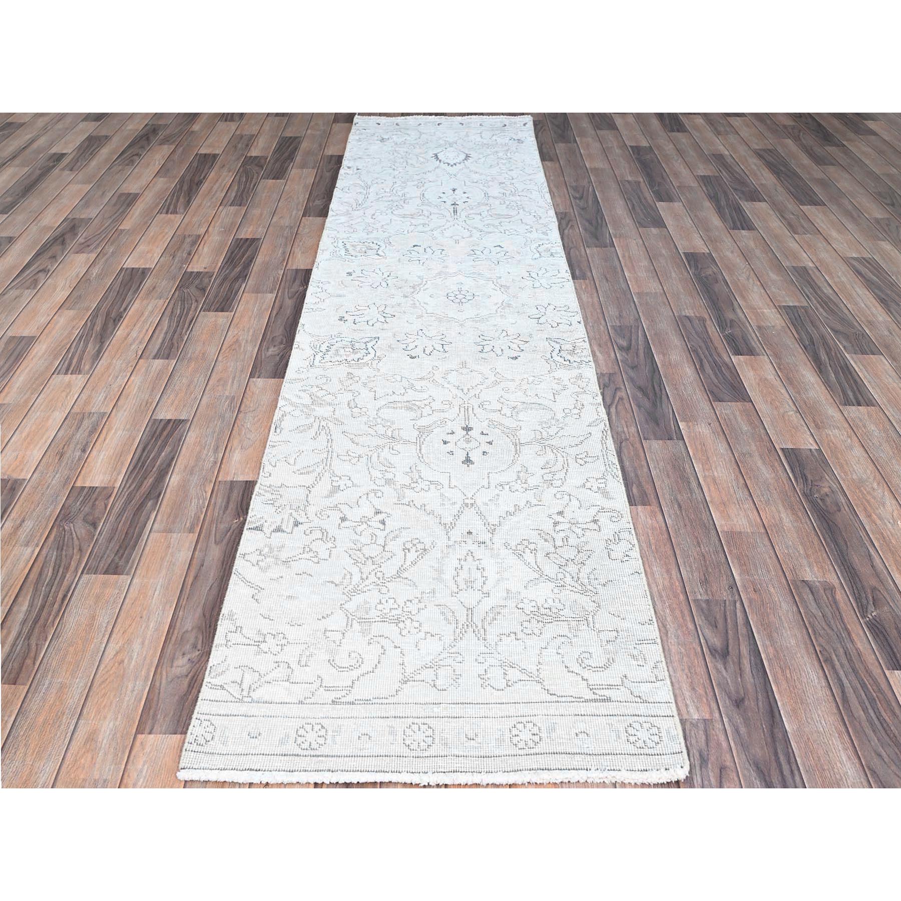 2'6"x10' Origami White, Hand Knotted Fragment, 100% Wool, Sides and Ends Secured, White Wash Vintage Persian Tabriz Distressed Look, Evenly Worn, Sheared Low Oriental Runner Rug Sh222