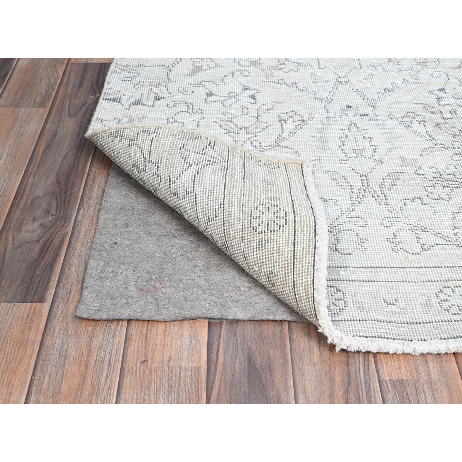 2'6"x10' Origami White, Hand Knotted Fragment, 100% Wool, Sides and Ends Secured, White Wash Vintage Persian Tabriz Distressed Look, Evenly Worn, Sheared Low Oriental Runner Rug Sh222