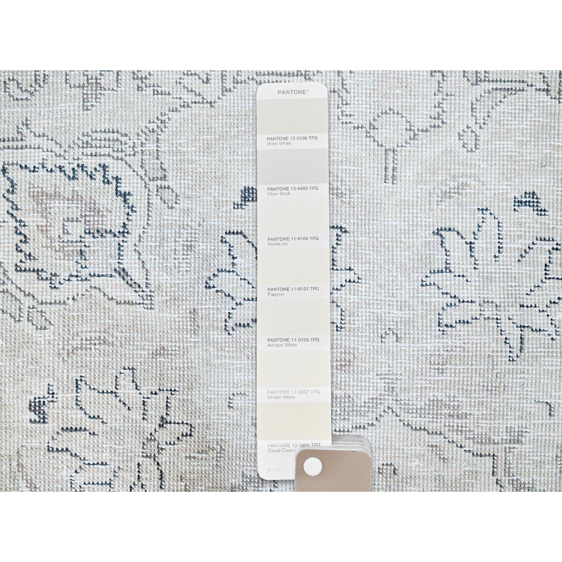 2'6"x10' Origami White, Hand Knotted Fragment, 100% Wool, Sides and Ends Secured, White Wash Vintage Persian Tabriz Distressed Look, Evenly Worn, Sheared Low Oriental Runner Rug Sh222