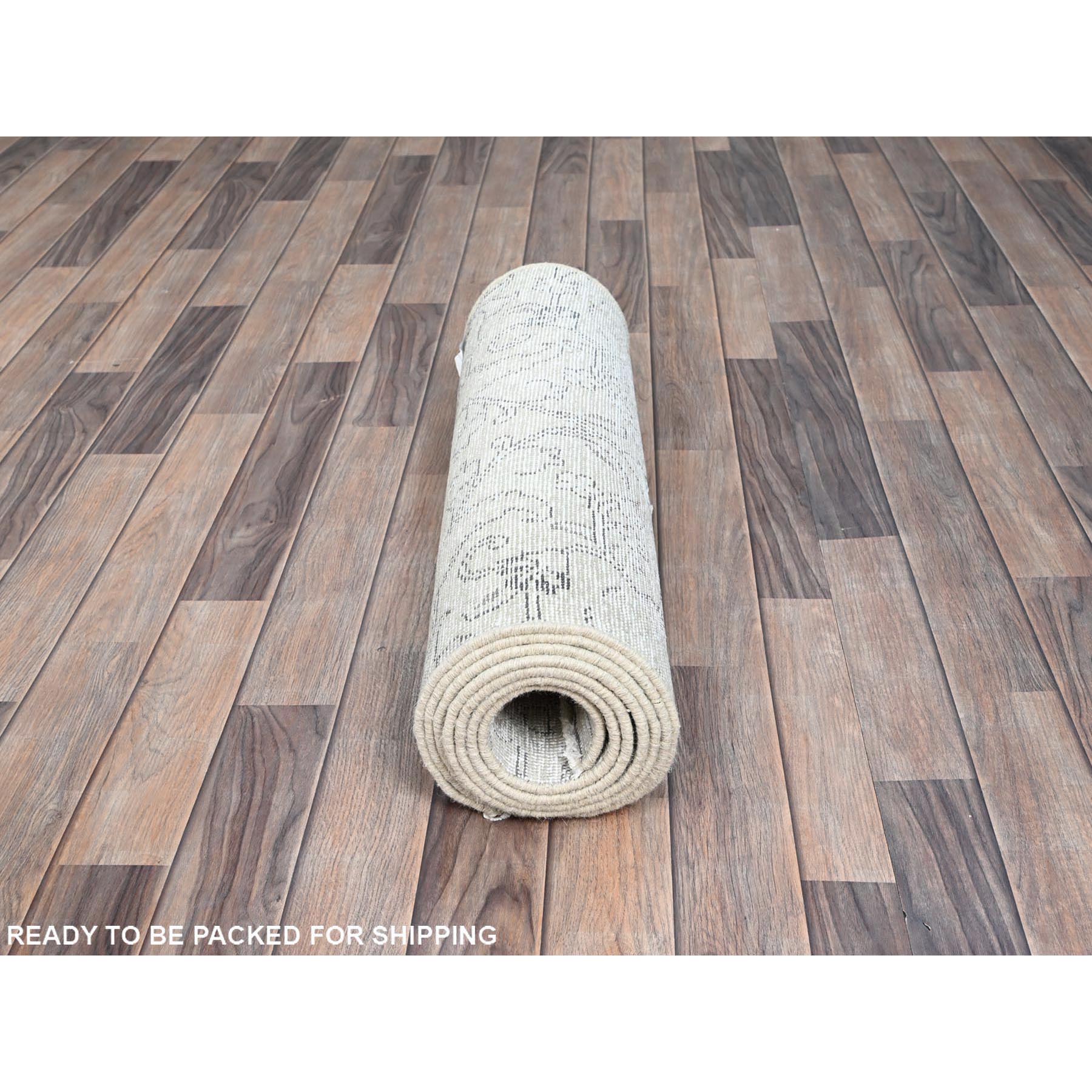 2'6"x10' Origami White, Hand Knotted Fragment, 100% Wool, Sides and Ends Secured, White Wash Vintage Persian Tabriz Distressed Look, Evenly Worn, Sheared Low Oriental Runner Rug Sh222