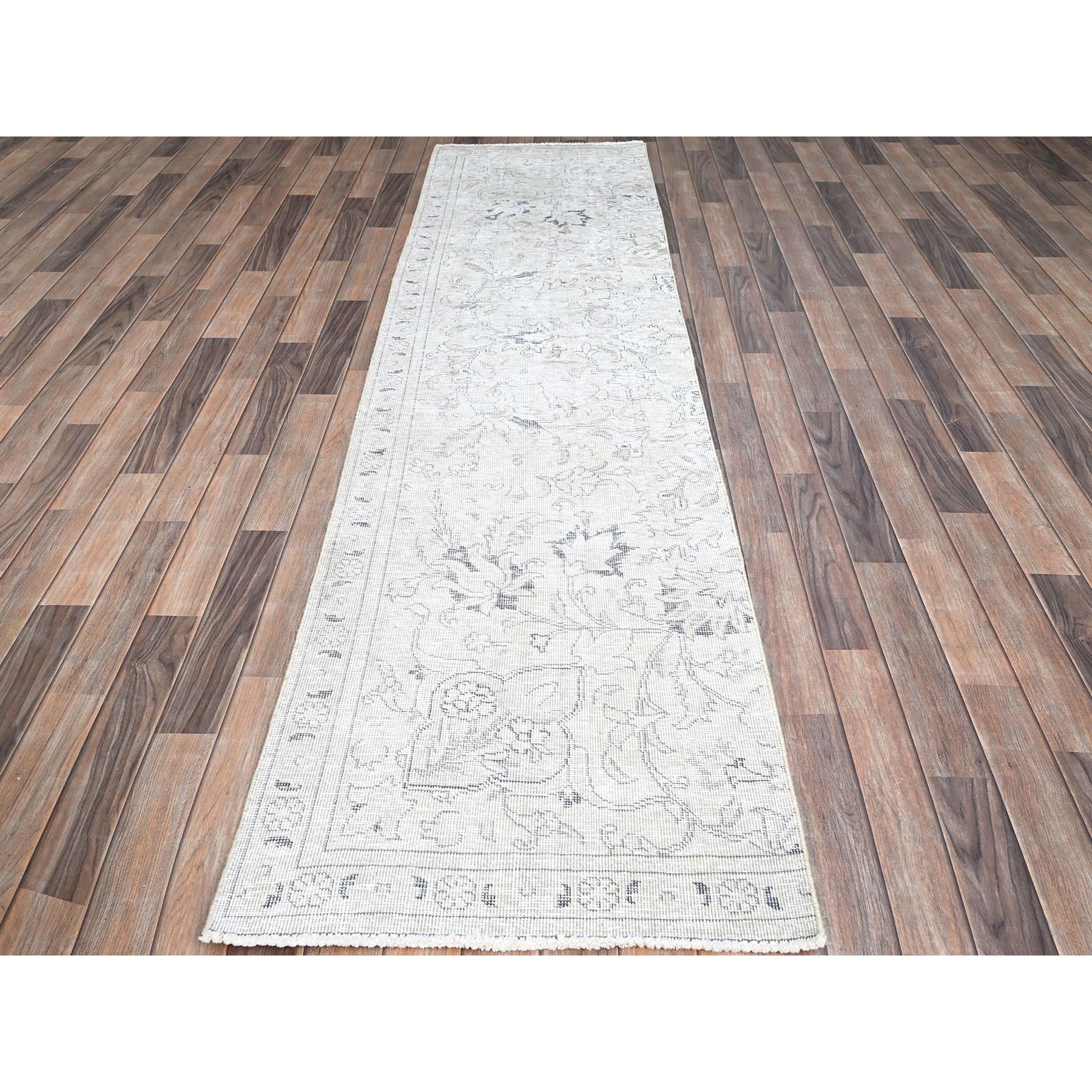 2'6"x10' Delicate White, Cropped Thin Fragment, Old Persian Tabriz Hand Knotted Pure Wool, Distressed Look, Evenly Worn, Sides and Ends Secured, White Wash Oriental Runner Rug Sh223
