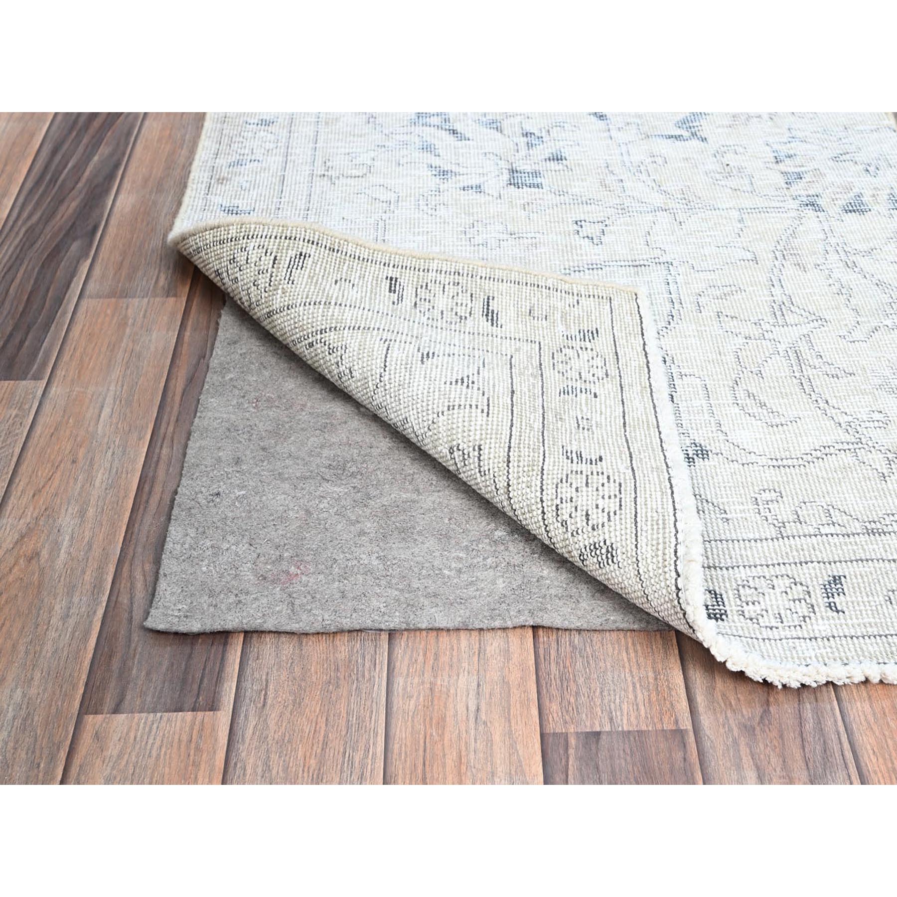 2'6"x10' Delicate White, Cropped Thin Fragment, Old Persian Tabriz Hand Knotted Pure Wool, Distressed Look, Evenly Worn, Sides and Ends Secured, White Wash Oriental Runner Rug Sh223