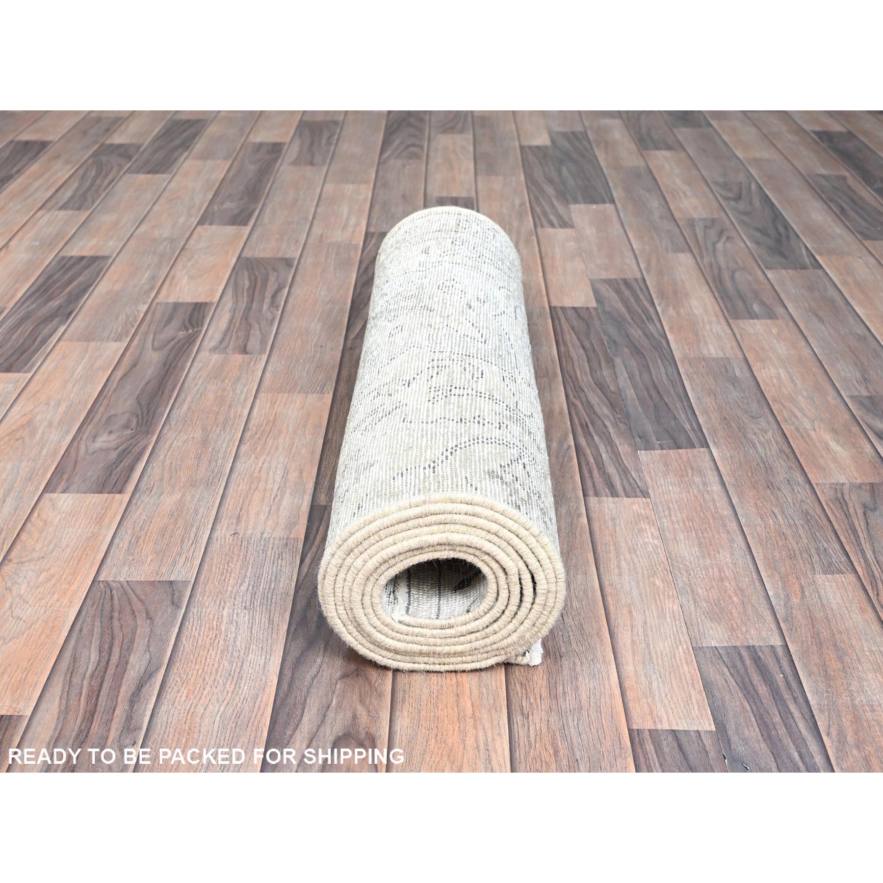 2'6"x10' Delicate White, Cropped Thin Fragment, Old Persian Tabriz Hand Knotted Pure Wool, Distressed Look, Evenly Worn, Sides and Ends Secured, White Wash Oriental Runner Rug Sh223