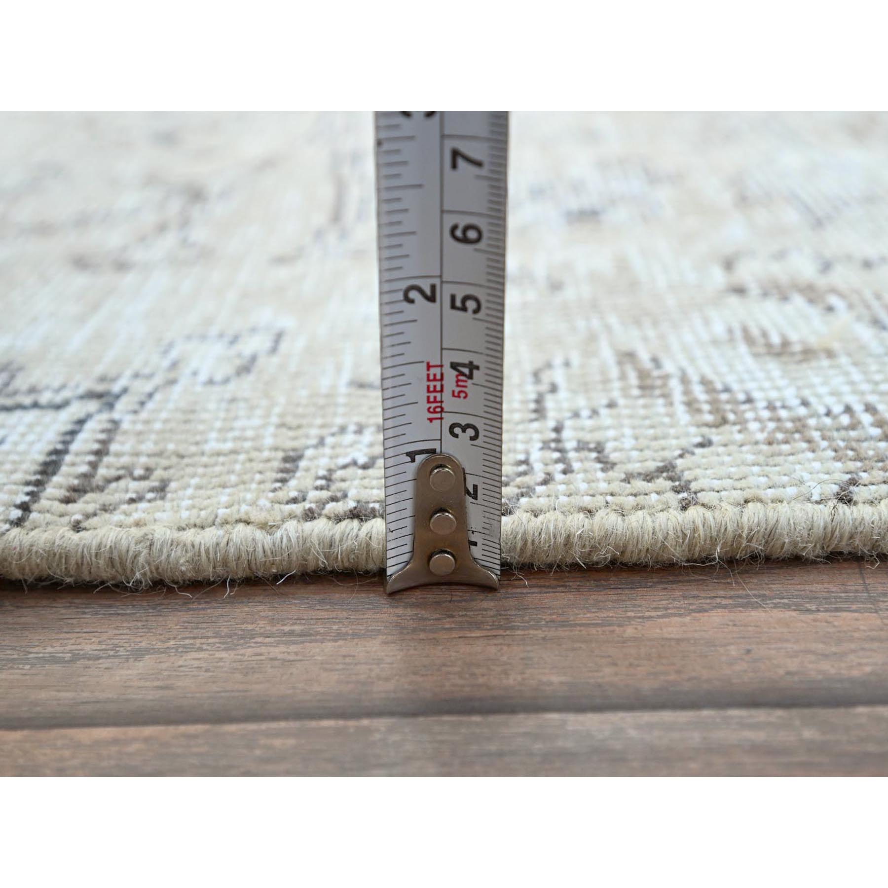 2'6"x10' Delicate White, Cropped Thin Fragment, Old Persian Tabriz Hand Knotted Pure Wool, Distressed Look, Evenly Worn, Sides and Ends Secured, White Wash Oriental Runner Rug Sh223