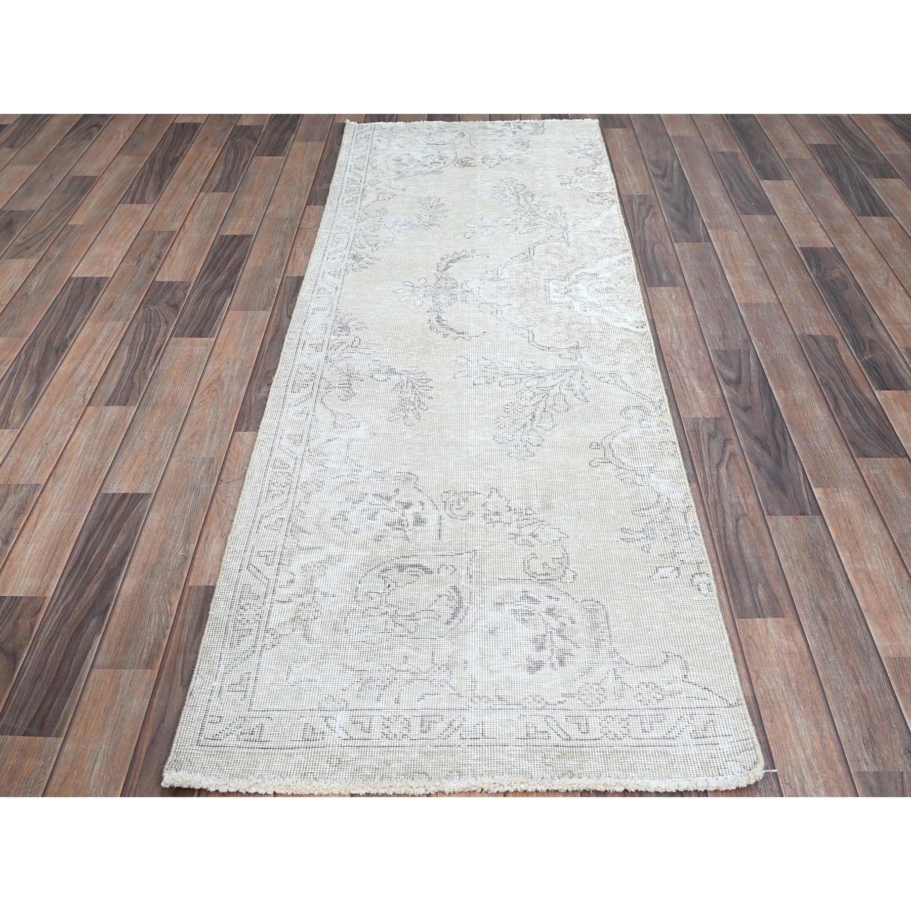 2'6"x7'6" Snow White, Hand Knotted, Cropped Thin, All Natural Wool, Even Wear And Distressed Look, No Holes Fragment, White Wash, Sides And Ends Secured Professionally, Vintage Persian Tabriz, Runner Oriental Rug Sh224