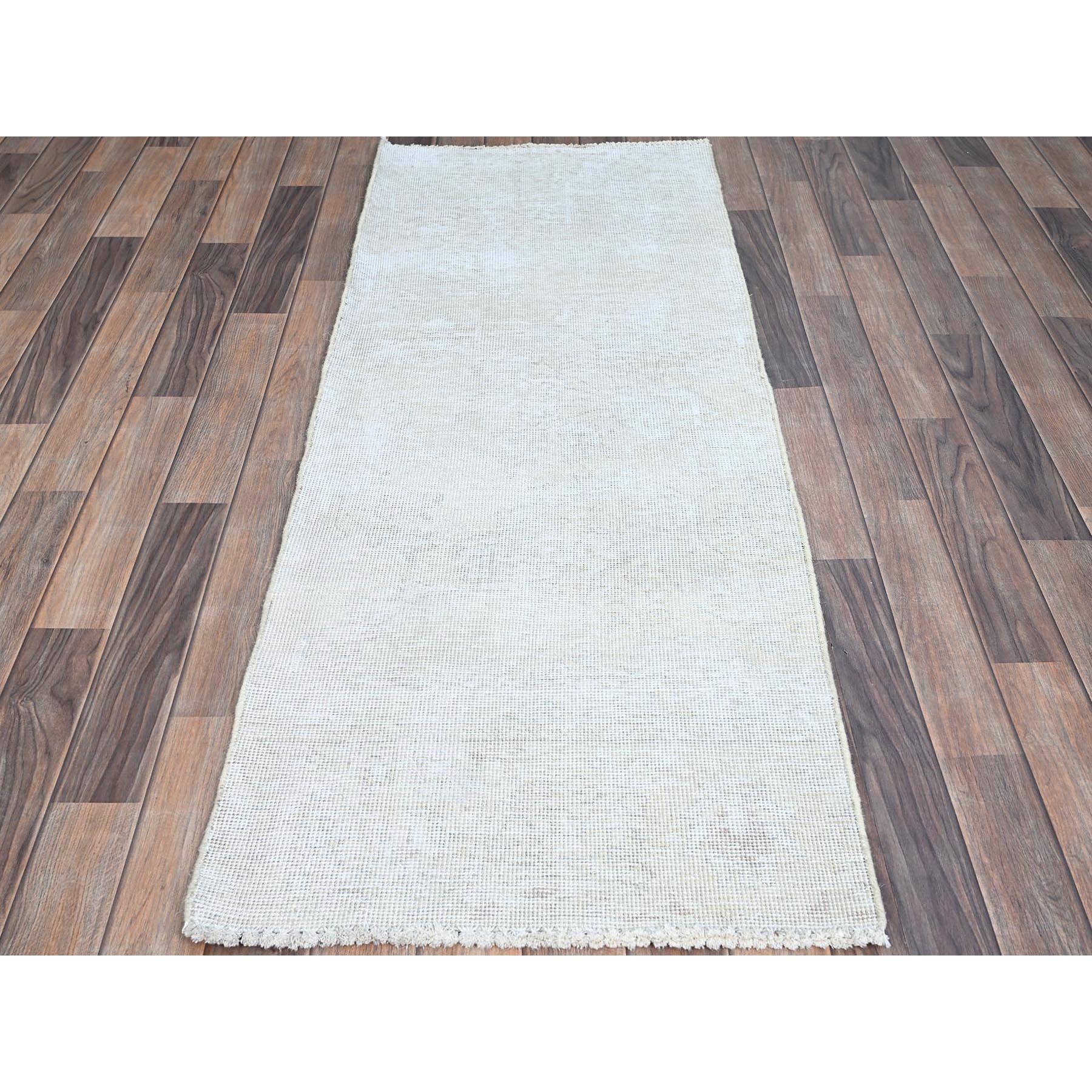 2'2"x5'10" Alabaster White, Distressed Look With No Holes, Pure Wool, Hand Knotted, Evenly Worn, Sheared Low Fragment, White Washed Persian Tabriz, Sides And Ends Secured Professionally, Vintage Runner Oriental Rug Sh225
