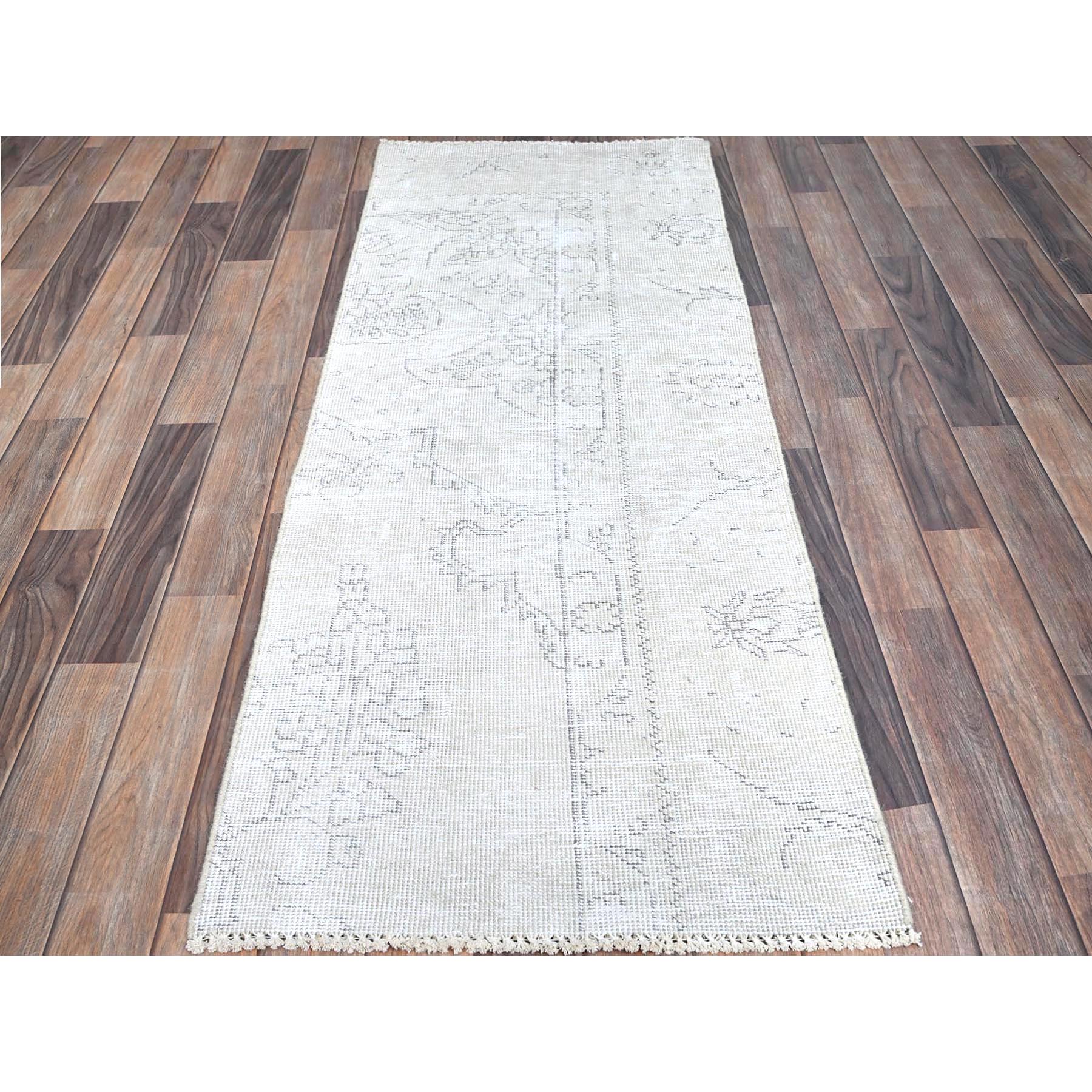 2'2"x5'10" Smoke White, Fagment, Cropped Thin, Hand Knotted, Ends And Sides Secured Professionally, Evenly Worn With No Holes, White Washed, All Natural Wool, Vintage Persian Tabriz, Runner Oriental Rug Sh228