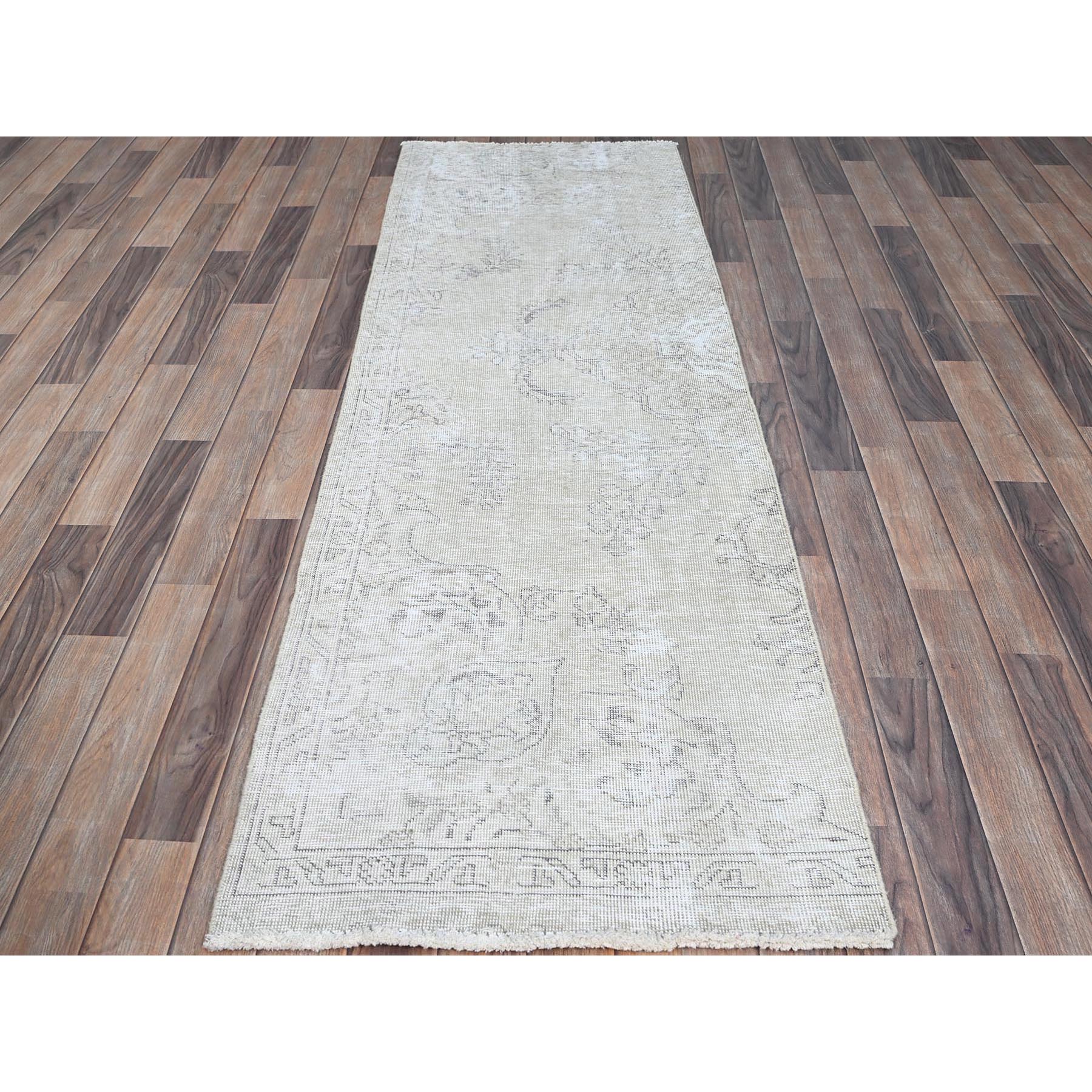 2'5"x7'6" Alabaster White, Pure Wool With Worn Out And Distressed Look, Hand Knotted Vintage Persian Tabriz, Cropped Thin, No Holes, White Wash, Runner Oriental Rug Sh230