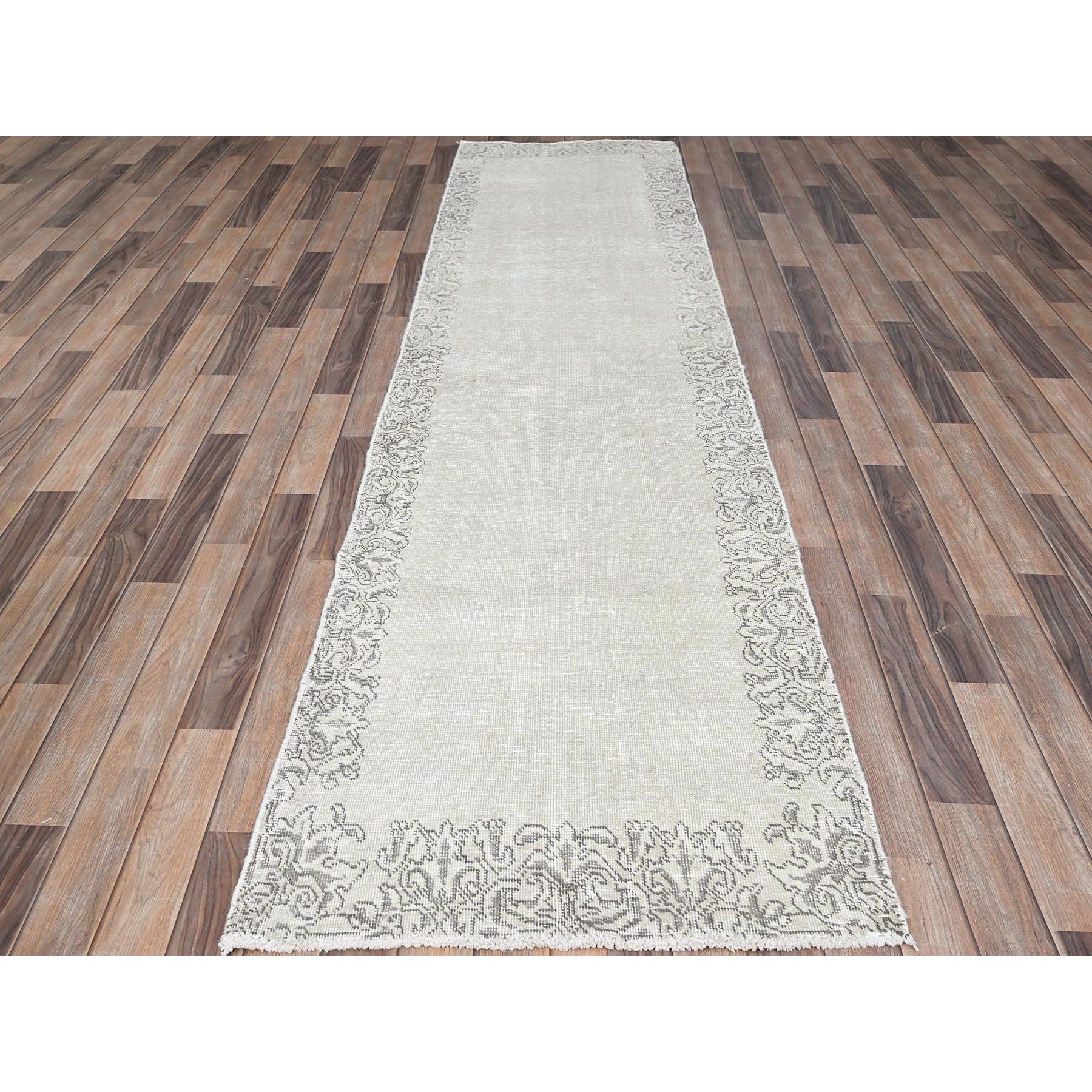 2'9"x10' Cough Mixture White, Cropped Thin, Natural And Soft Wool, Hand Knotted, Even Wear, Open Field Border Design, White Wash, Ends And Sides Secured, Vintage Persian Tabriz, Runner Oriental Rug Sh233