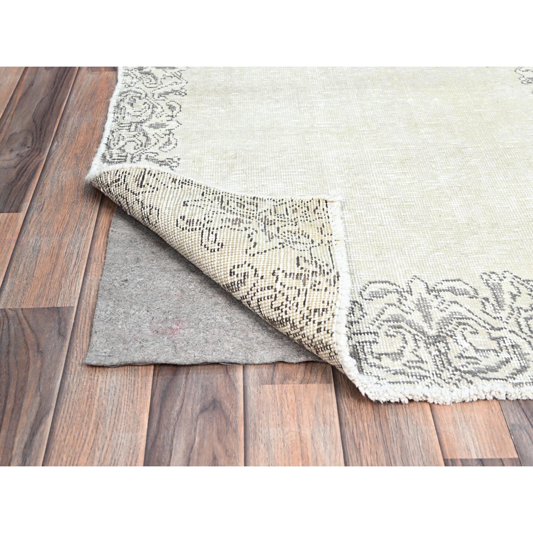 2'9"x10' Cough Mixture White, Cropped Thin, Natural And Soft Wool, Hand Knotted, Even Wear, Open Field Border Design, White Wash, Ends And Sides Secured, Vintage Persian Tabriz, Runner Oriental Rug Sh233