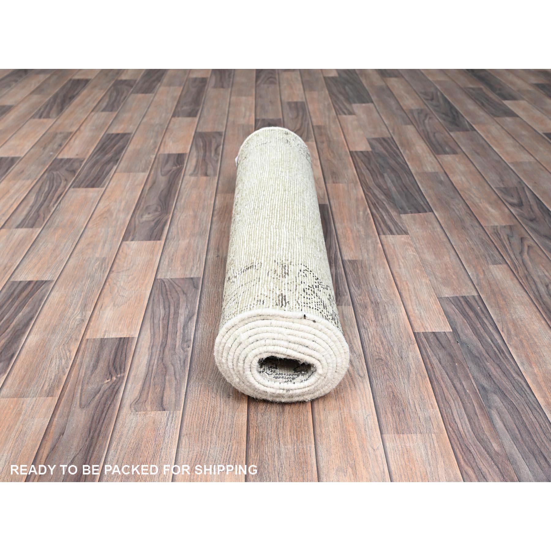 2'9"x10' Cough Mixture White, Cropped Thin, Natural And Soft Wool, Hand Knotted, Even Wear, Open Field Border Design, White Wash, Ends And Sides Secured, Vintage Persian Tabriz, Runner Oriental Rug Sh233