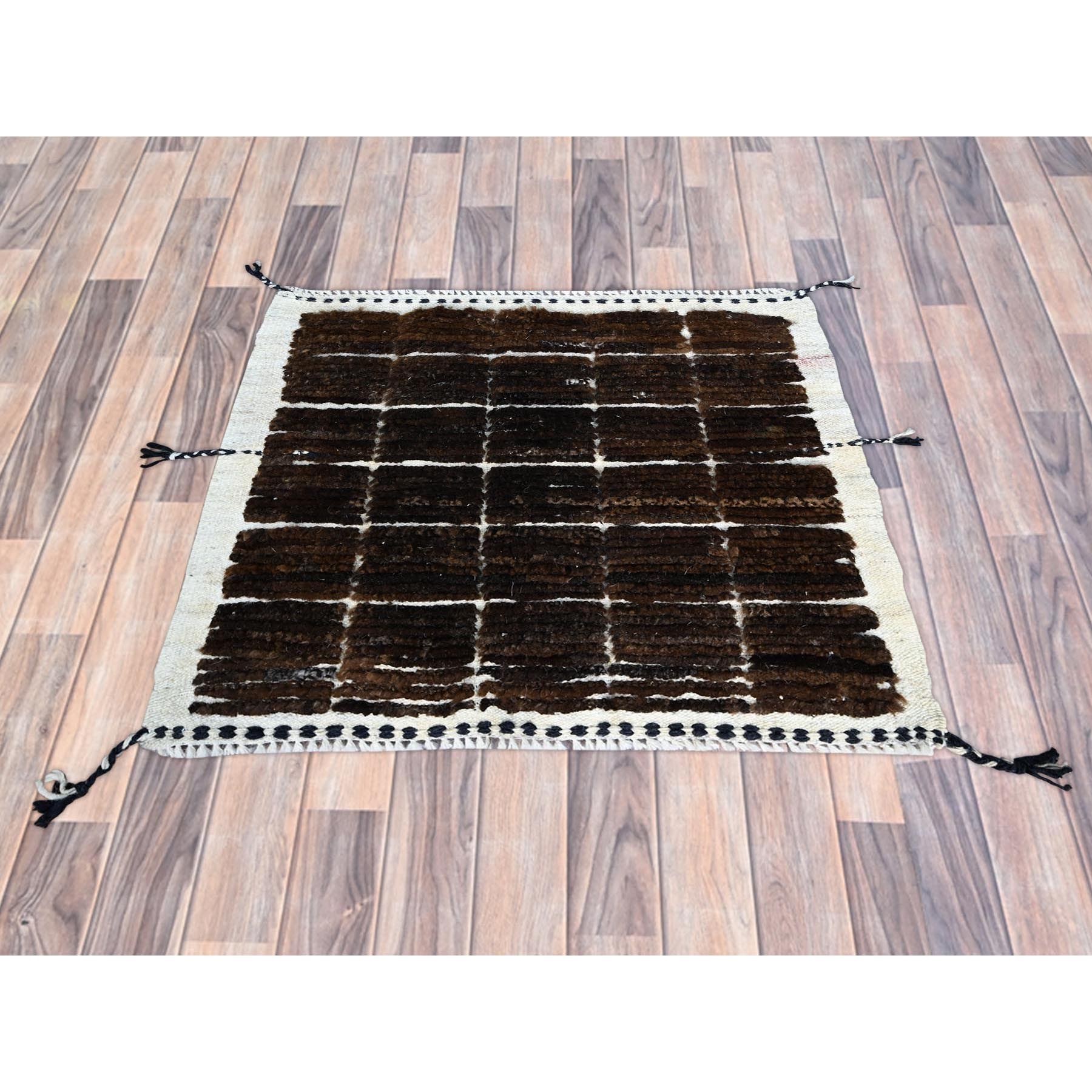 1'8"x2' Chocolate Brown, Natural Undyed Wool, Moroccan Weave, Grid Design Sample, Hand Knotted, Oriental Rug Sh245