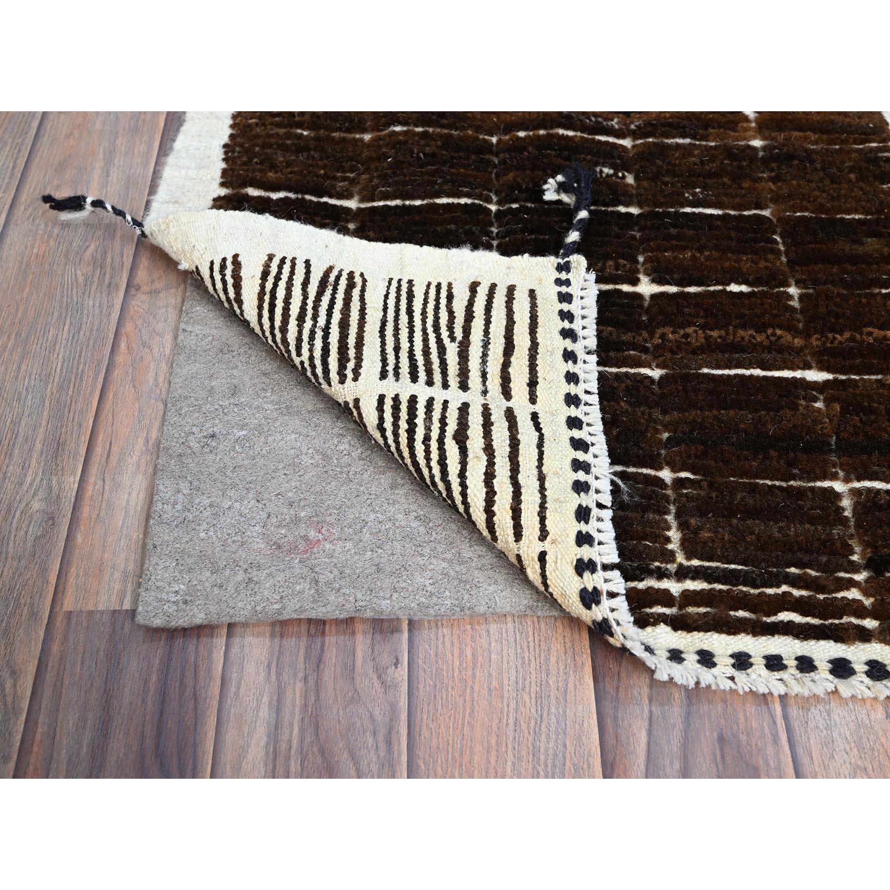 1'8"x2' Chocolate Brown, Natural Undyed Wool, Moroccan Weave, Grid Design Sample, Hand Knotted, Oriental Rug Sh245