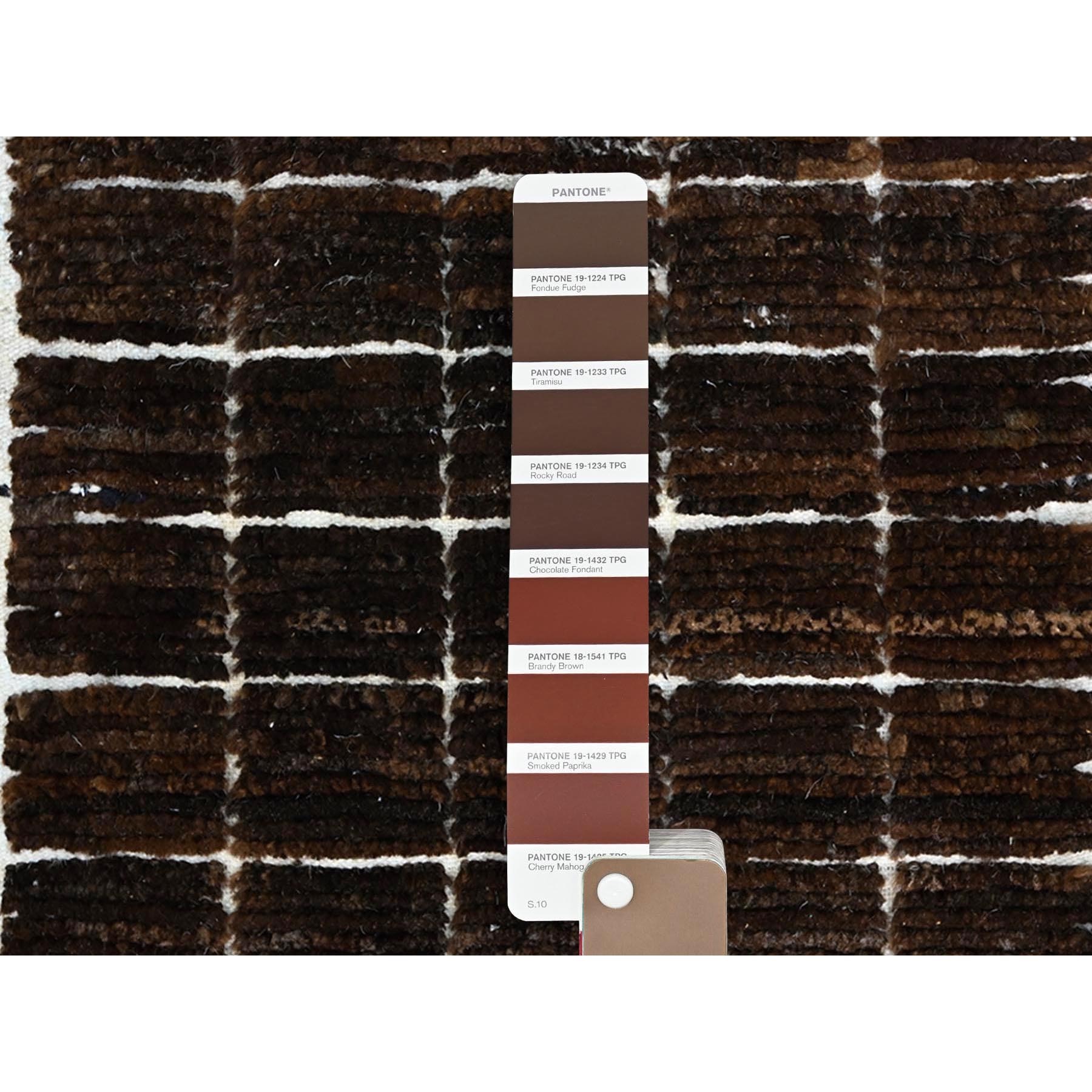 1'8"x2' Chocolate Brown, Natural Undyed Wool, Moroccan Weave, Grid Design Sample, Hand Knotted, Oriental Rug Sh245