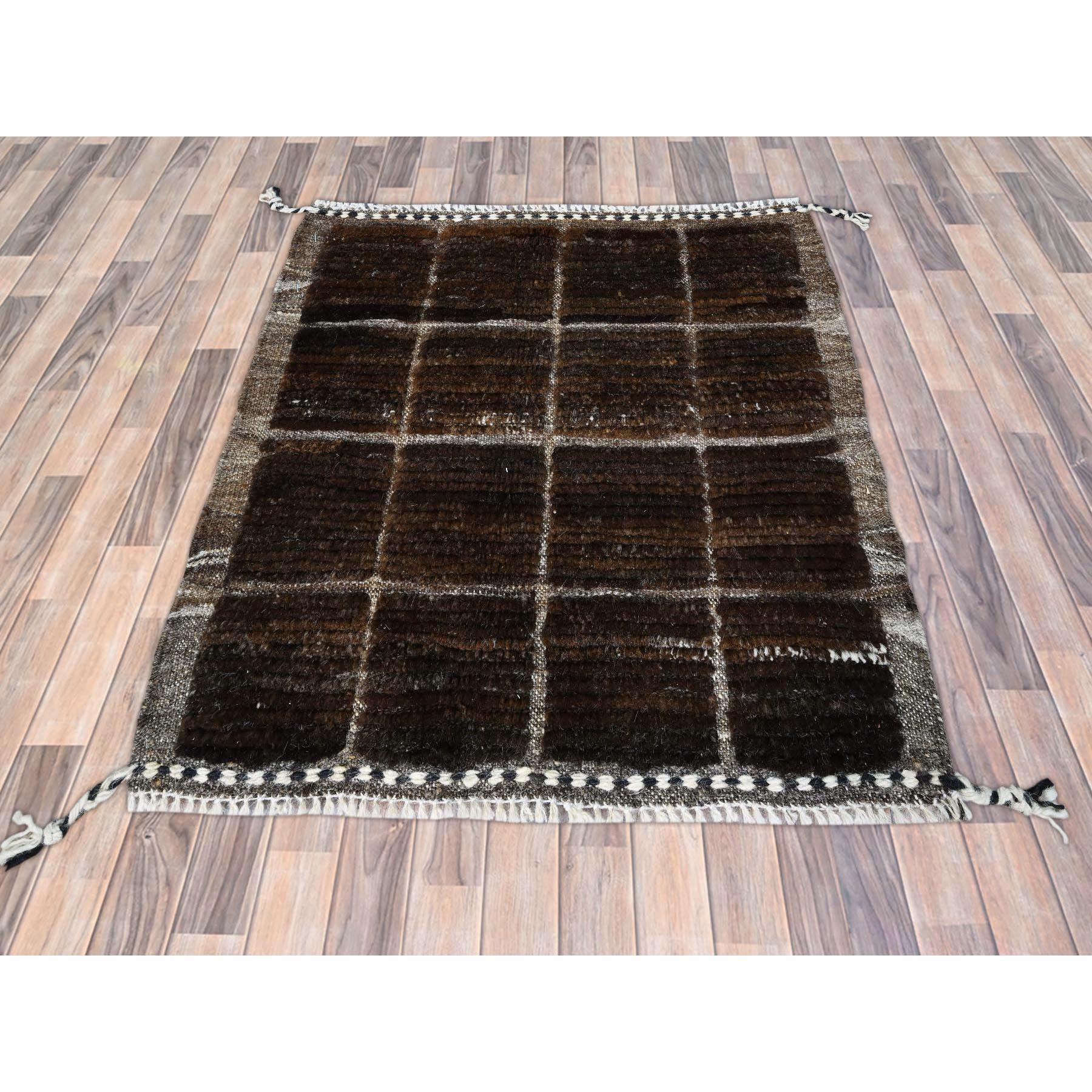 1'8"x2' Chocolate Brown, Moroccan Weave, Grid Design Sample, Natural Undyed Wool, Hand Knotted, Oriental Rug Sh246