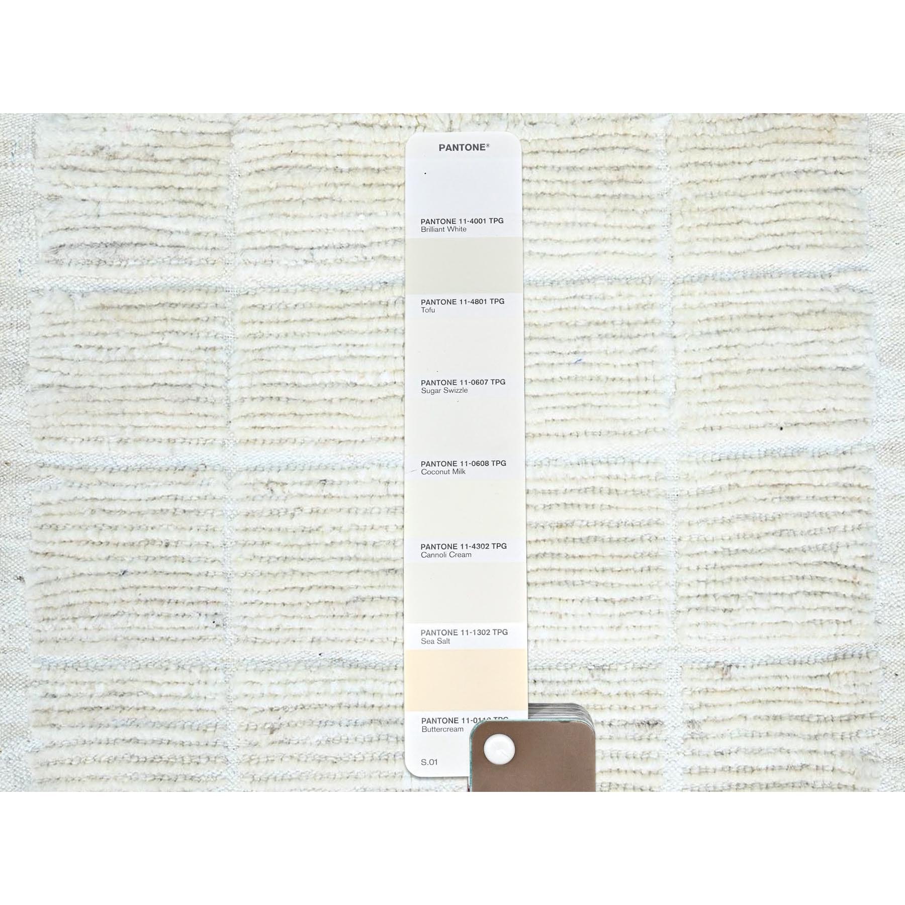 1'8"x2' Bone White, Natural Undyed Wool, Moroccan Weave, Grid Design Sample, Hand Knotted, Oriental Rug Sh248