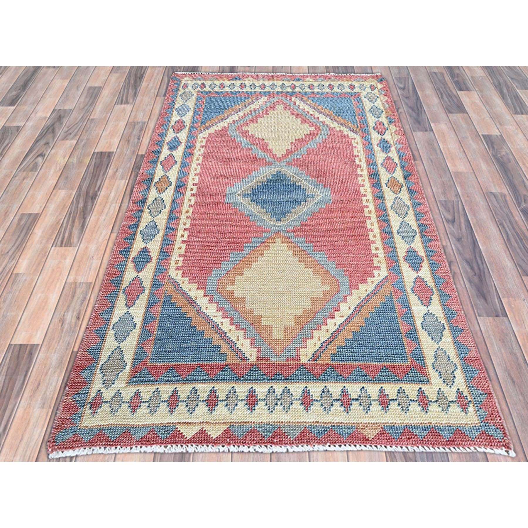 2'9"x4'9" Rouge Pink, Anatolian Geometric Village Design, Zero Pile, Shaved Low, 100% Wool, Hand Knotted, Oriental Rug Sh249