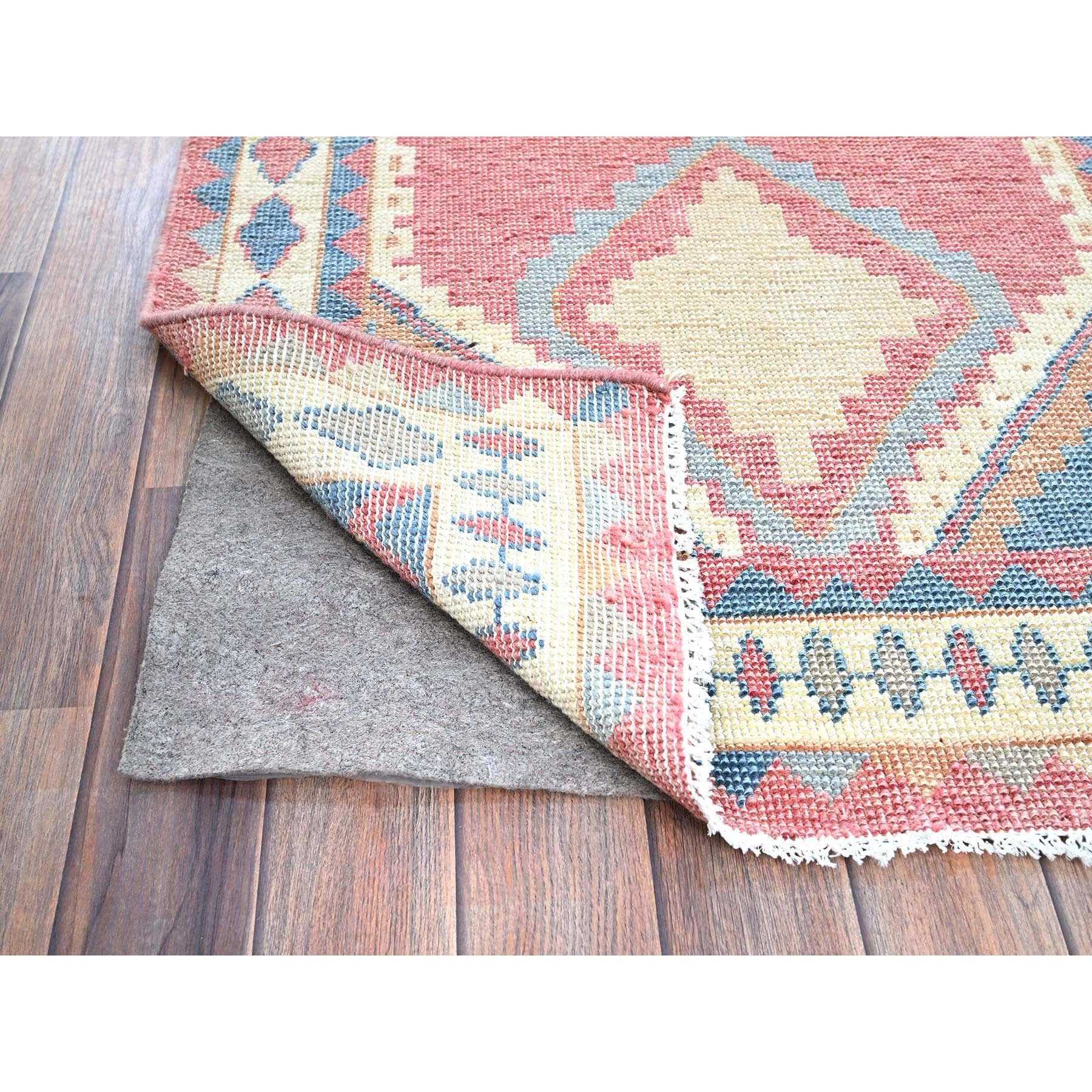 2'9"x4'9" Rouge Pink, Anatolian Geometric Village Design, Zero Pile, Shaved Low, 100% Wool, Hand Knotted, Oriental Rug Sh249