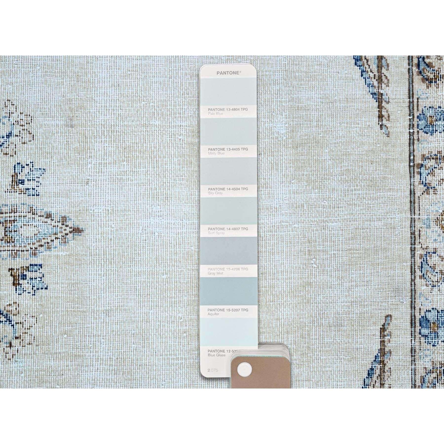 7'2"x10'1" Misty Blue, Vintage Persian Kerman, Sheared Thin, Dense Weave, Nicely Done Patches, 100% Wool, Hand Knotted Oriental Rug Sh250