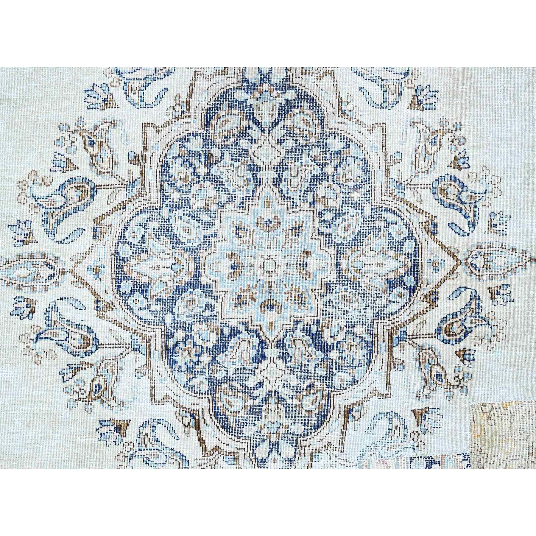 7'2"x10'1" Misty Blue, Vintage Persian Kerman, Sheared Thin, Dense Weave, Nicely Done Patches, 100% Wool, Hand Knotted Oriental Rug Sh250