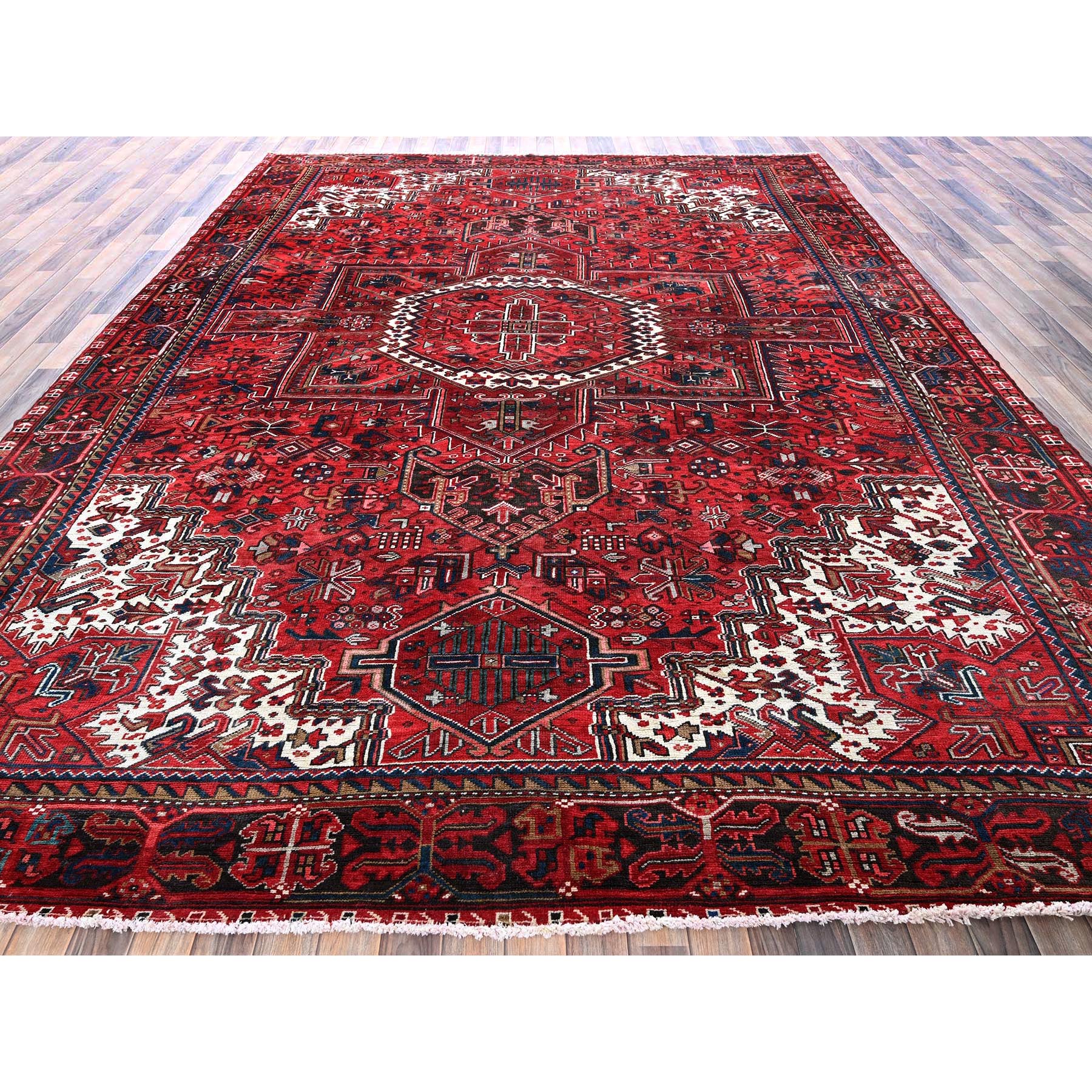 10'x12'10" Scarlet Red, Vintage Persian Heriz with Geometric Medallion Design, 100% Wool, Hand Knotted, Even Wear, Cropped Thin, Good Condition, Sides and Ends Professionally Secured, Oriental Rug Sh252