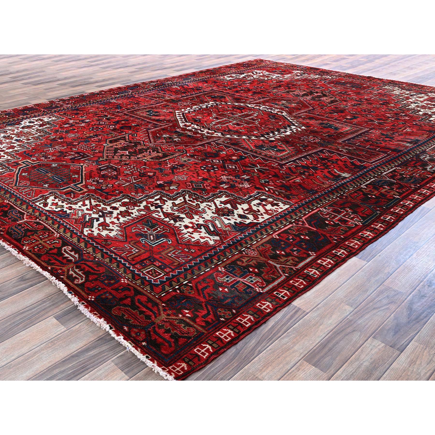 10'x12'10" Scarlet Red, Vintage Persian Heriz with Geometric Medallion Design, 100% Wool, Hand Knotted, Even Wear, Cropped Thin, Good Condition, Sides and Ends Professionally Secured, Oriental Rug Sh252