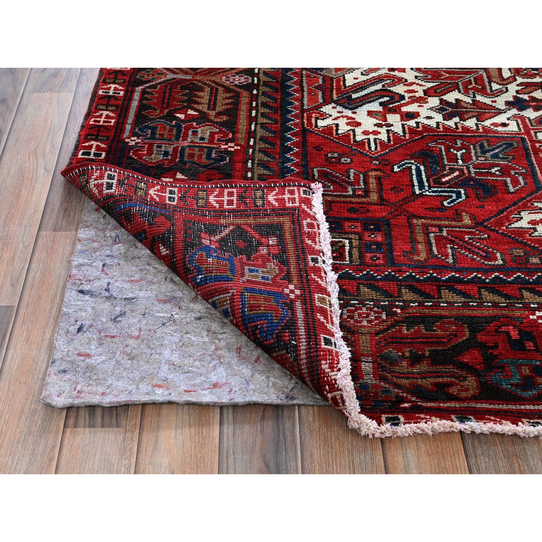 10'x12'10" Scarlet Red, Vintage Persian Heriz with Geometric Medallion Design, 100% Wool, Hand Knotted, Even Wear, Cropped Thin, Good Condition, Sides and Ends Professionally Secured, Oriental Rug Sh252