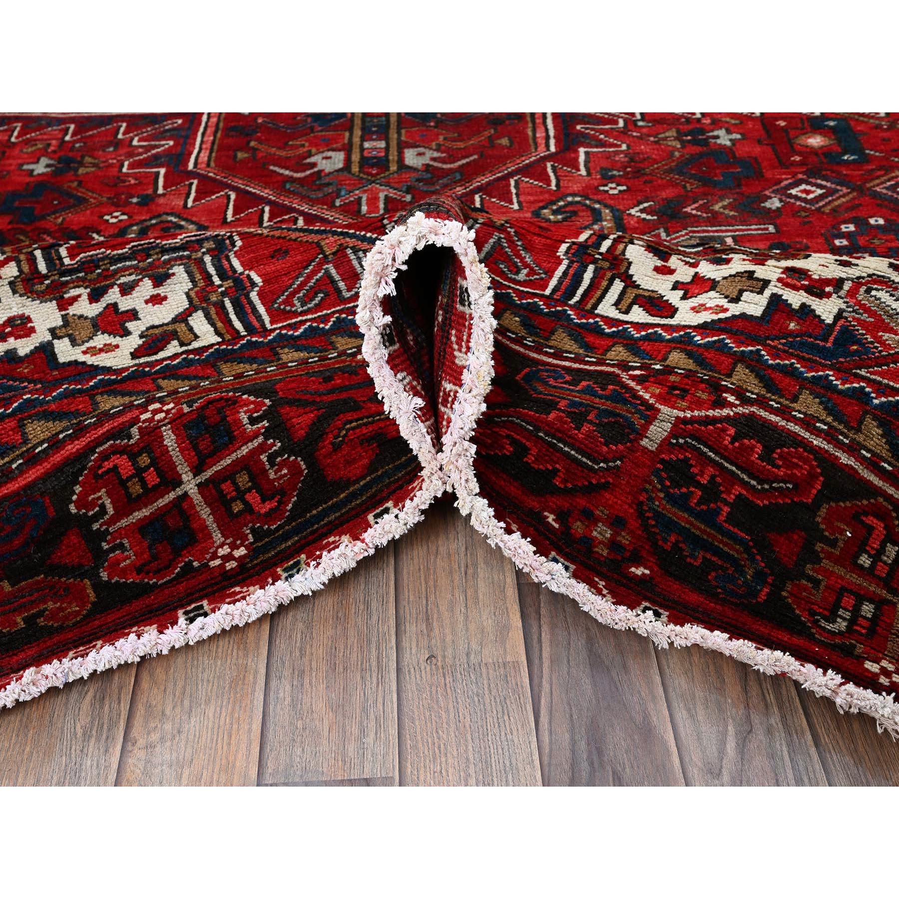 10'x12'10" Scarlet Red, Vintage Persian Heriz with Geometric Medallion Design, 100% Wool, Hand Knotted, Even Wear, Cropped Thin, Good Condition, Sides and Ends Professionally Secured, Oriental Rug Sh252