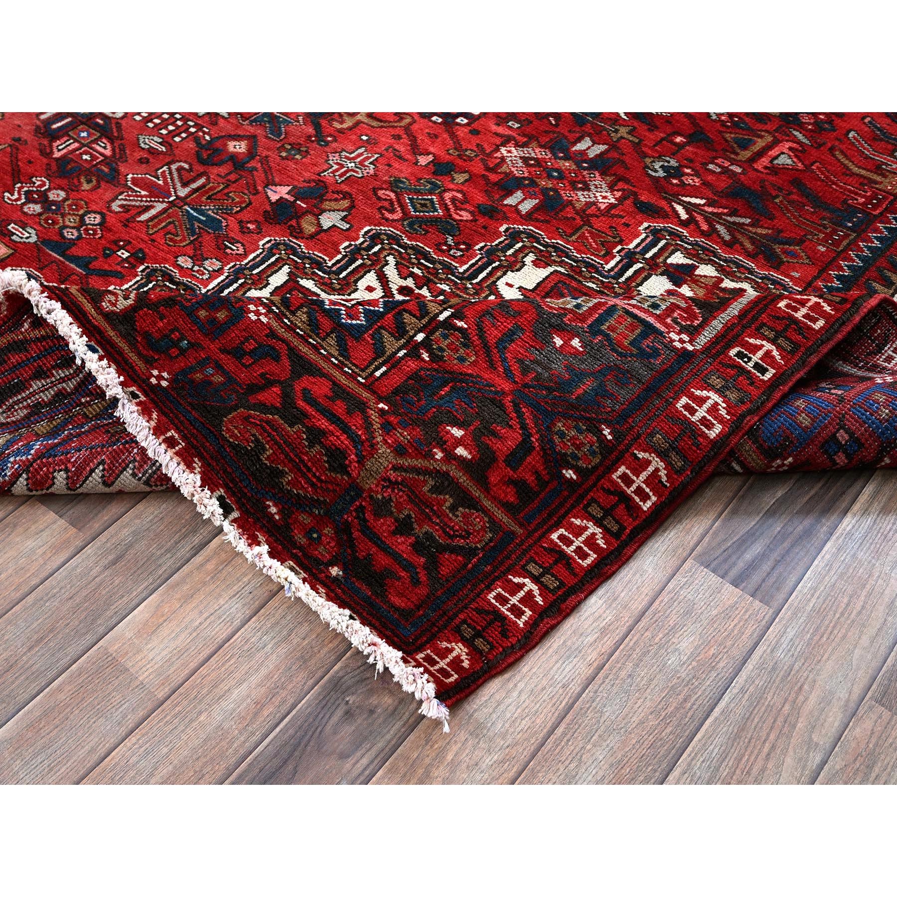 10'x12'10" Scarlet Red, Vintage Persian Heriz with Geometric Medallion Design, 100% Wool, Hand Knotted, Even Wear, Cropped Thin, Good Condition, Sides and Ends Professionally Secured, Oriental Rug Sh252