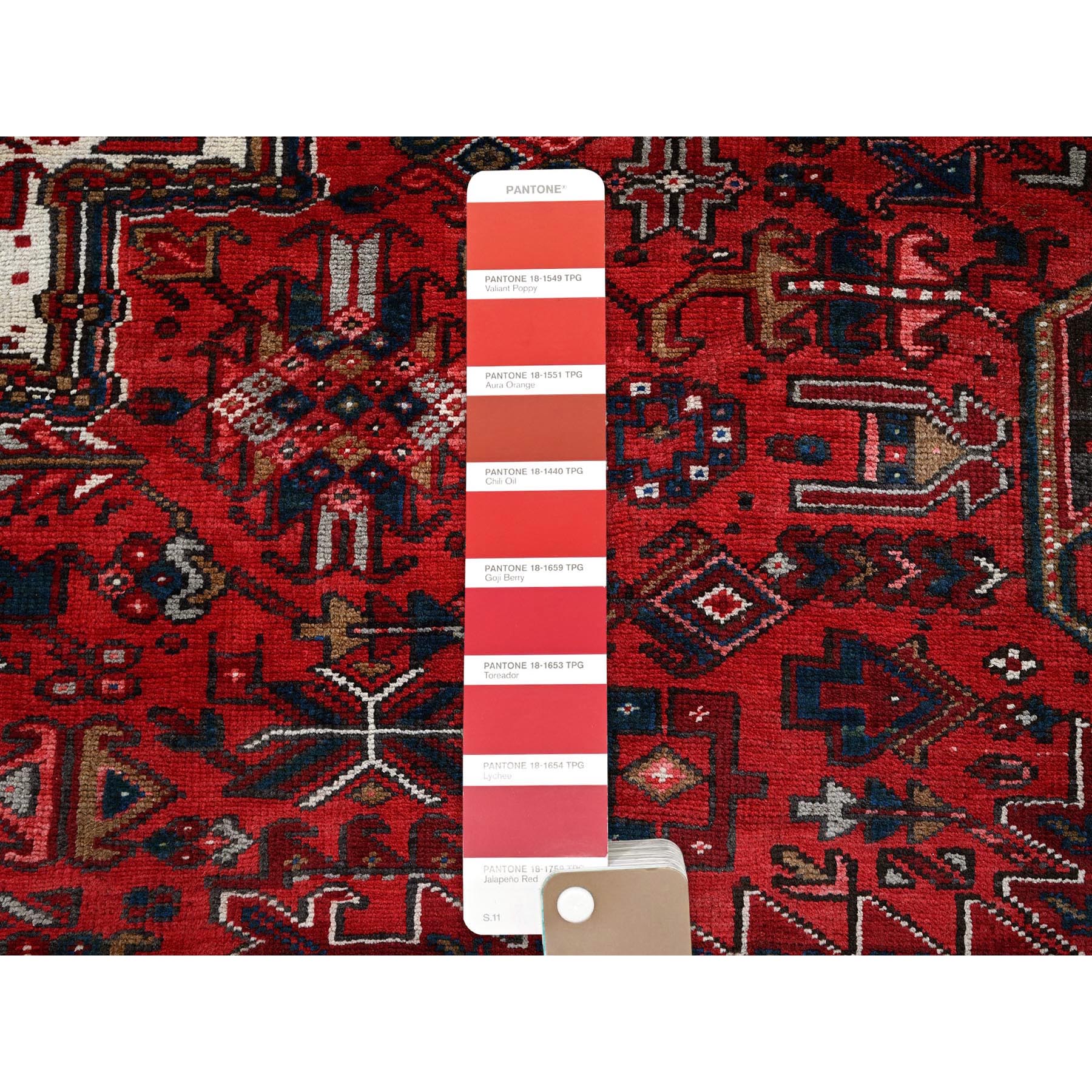 10'x12'10" Scarlet Red, Vintage Persian Heriz with Geometric Medallion Design, 100% Wool, Hand Knotted, Even Wear, Cropped Thin, Good Condition, Sides and Ends Professionally Secured, Oriental Rug Sh252