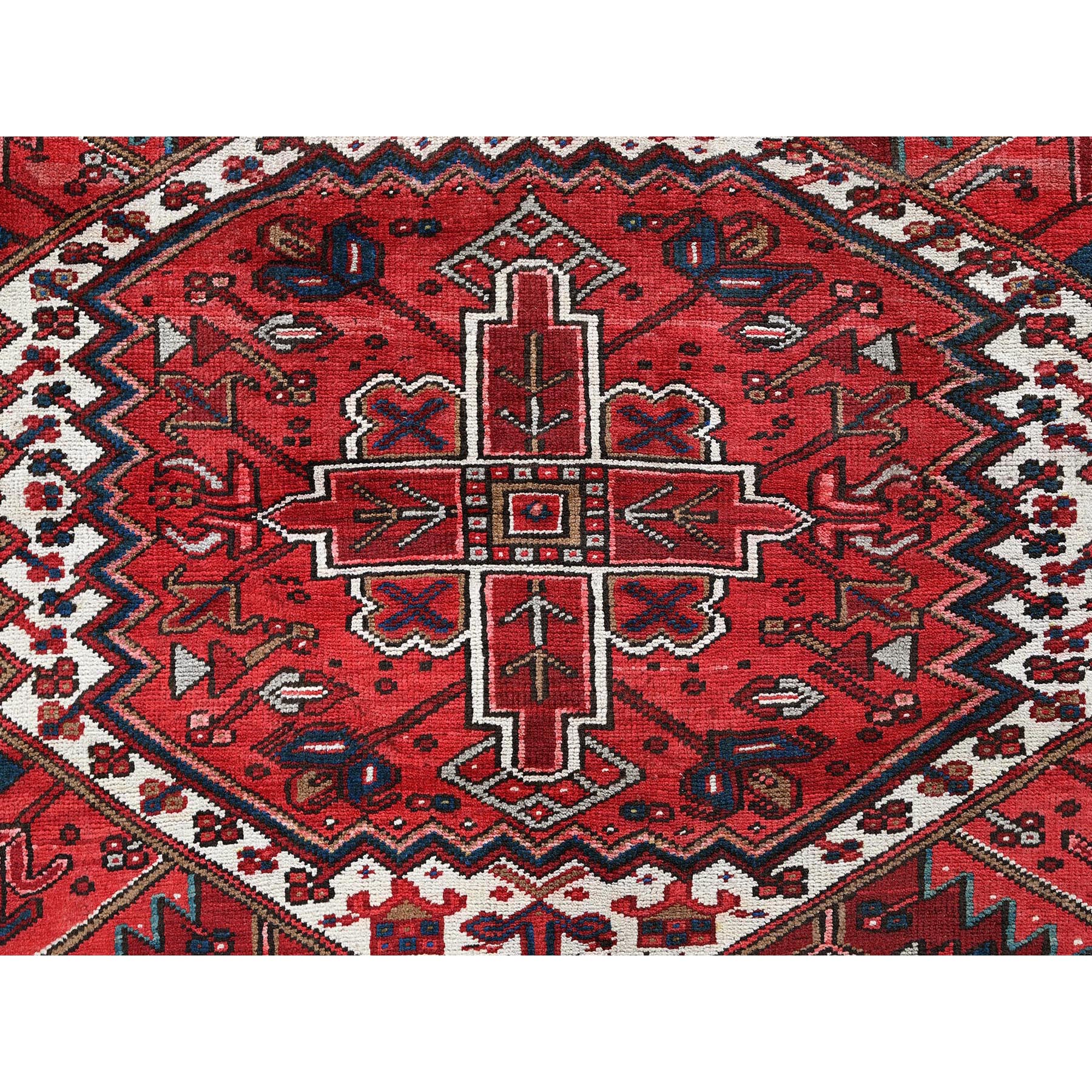 10'x12'10" Scarlet Red, Vintage Persian Heriz with Geometric Medallion Design, 100% Wool, Hand Knotted, Even Wear, Cropped Thin, Good Condition, Sides and Ends Professionally Secured, Oriental Rug Sh252