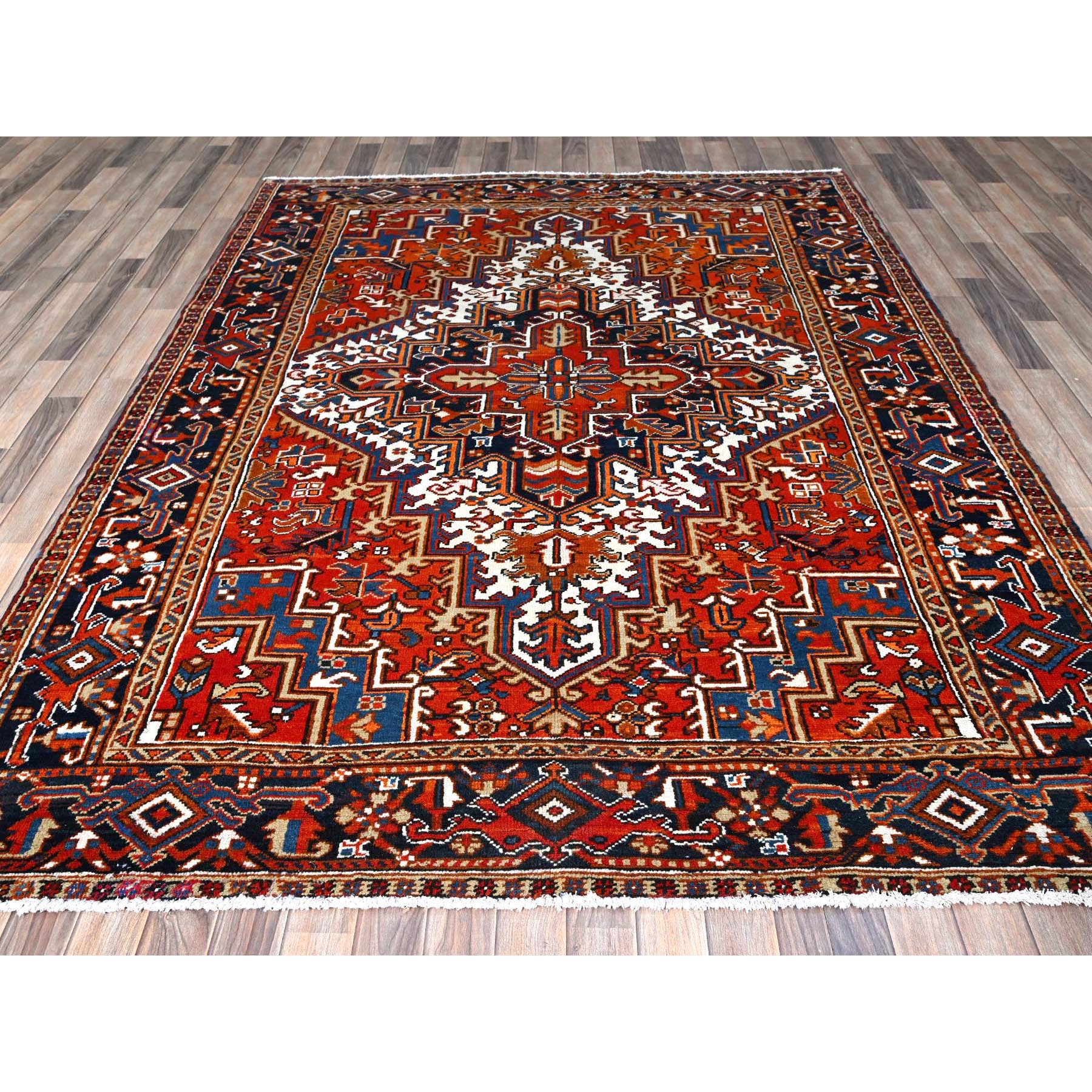 6'10"x8'10" Chili Red, Vintage Persian Heriz with Geometric Medallion Design, Even Wear, Shaved Low, Good Condition, Sides and Ends Professionally Secured, 100% Wool, Hand Knotted, Oriental Rug Sh253