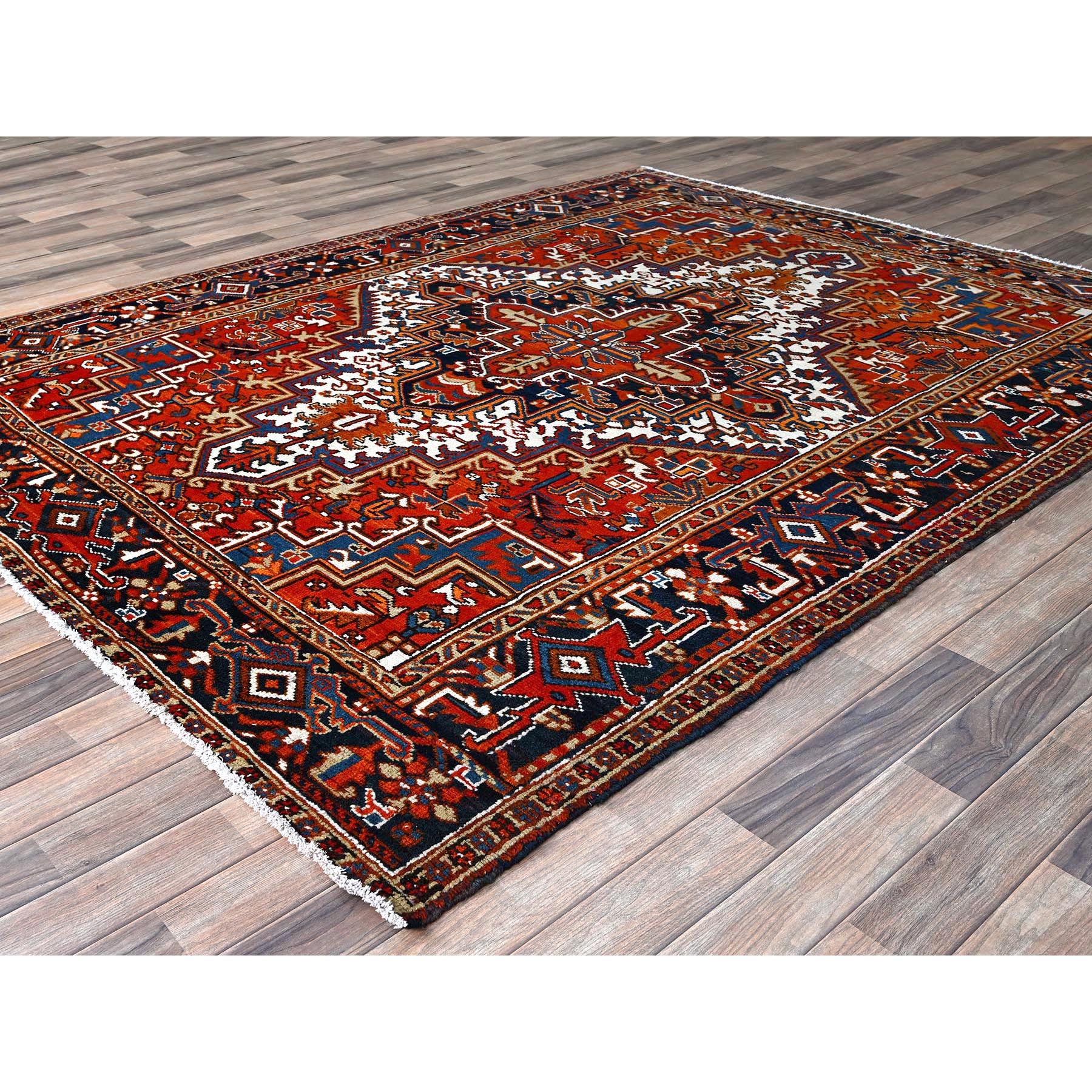 6'10"x8'10" Chili Red, Vintage Persian Heriz with Geometric Medallion Design, Even Wear, Shaved Low, Good Condition, Sides and Ends Professionally Secured, 100% Wool, Hand Knotted, Oriental Rug Sh253
