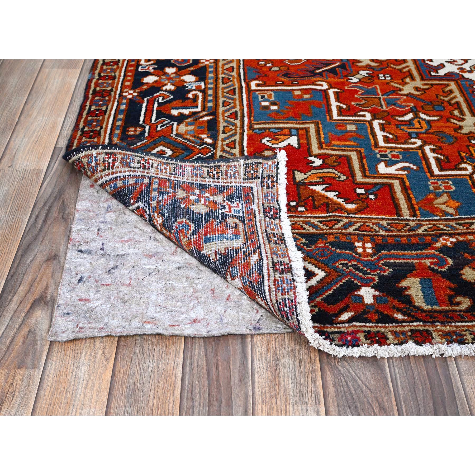 6'10"x8'10" Chili Red, Vintage Persian Heriz with Geometric Medallion Design, Even Wear, Shaved Low, Good Condition, Sides and Ends Professionally Secured, 100% Wool, Hand Knotted, Oriental Rug Sh253