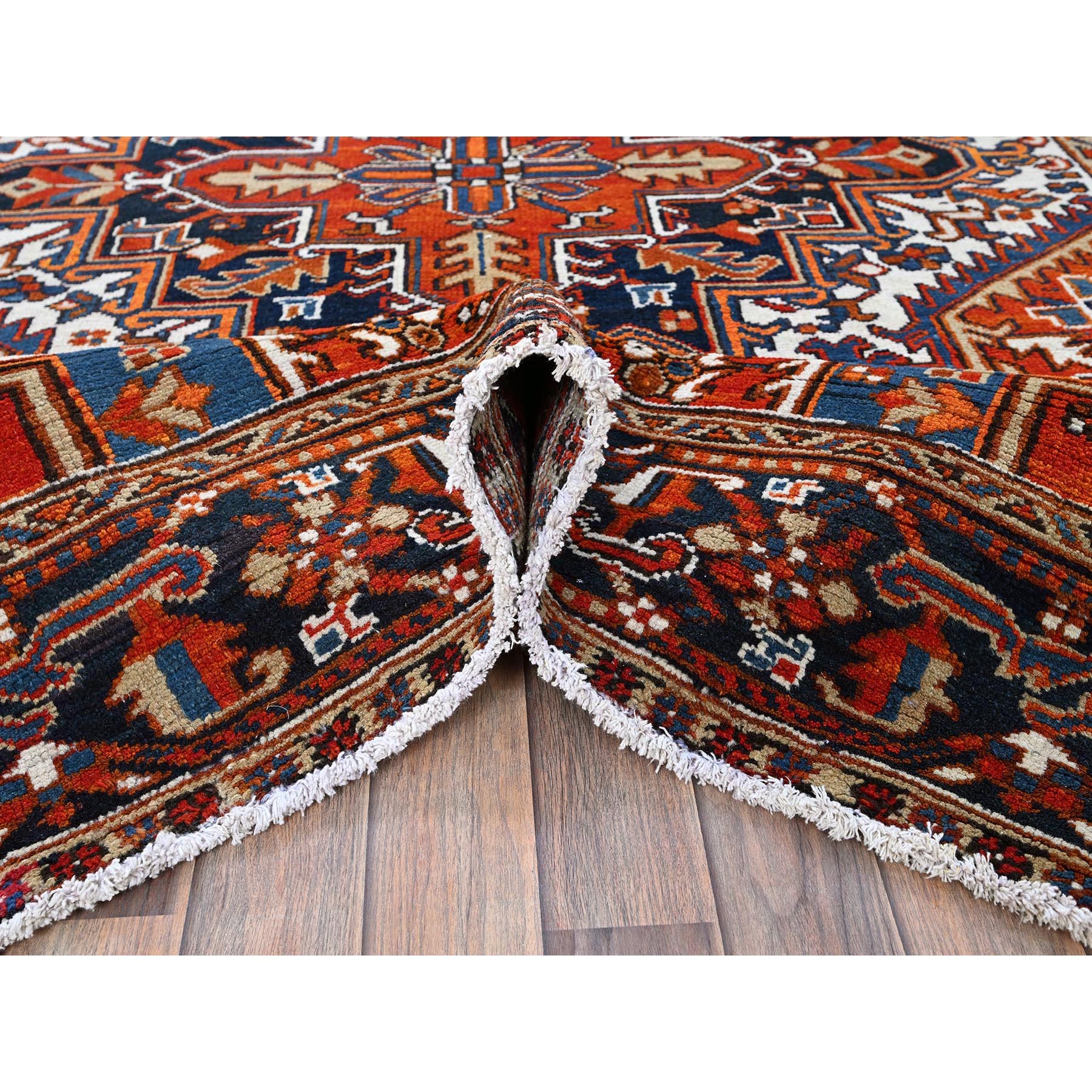 6'10"x8'10" Chili Red, Vintage Persian Heriz with Geometric Medallion Design, Even Wear, Shaved Low, Good Condition, Sides and Ends Professionally Secured, 100% Wool, Hand Knotted, Oriental Rug Sh253