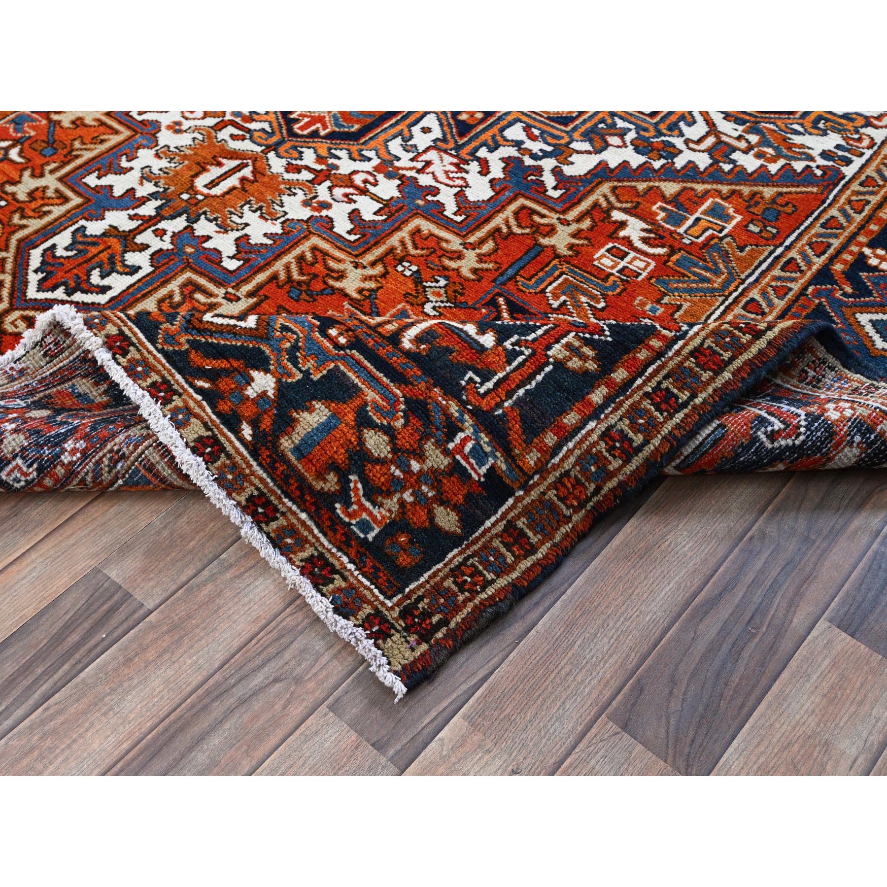 6'10"x8'10" Chili Red, Vintage Persian Heriz with Geometric Medallion Design, Even Wear, Shaved Low, Good Condition, Sides and Ends Professionally Secured, 100% Wool, Hand Knotted, Oriental Rug Sh253