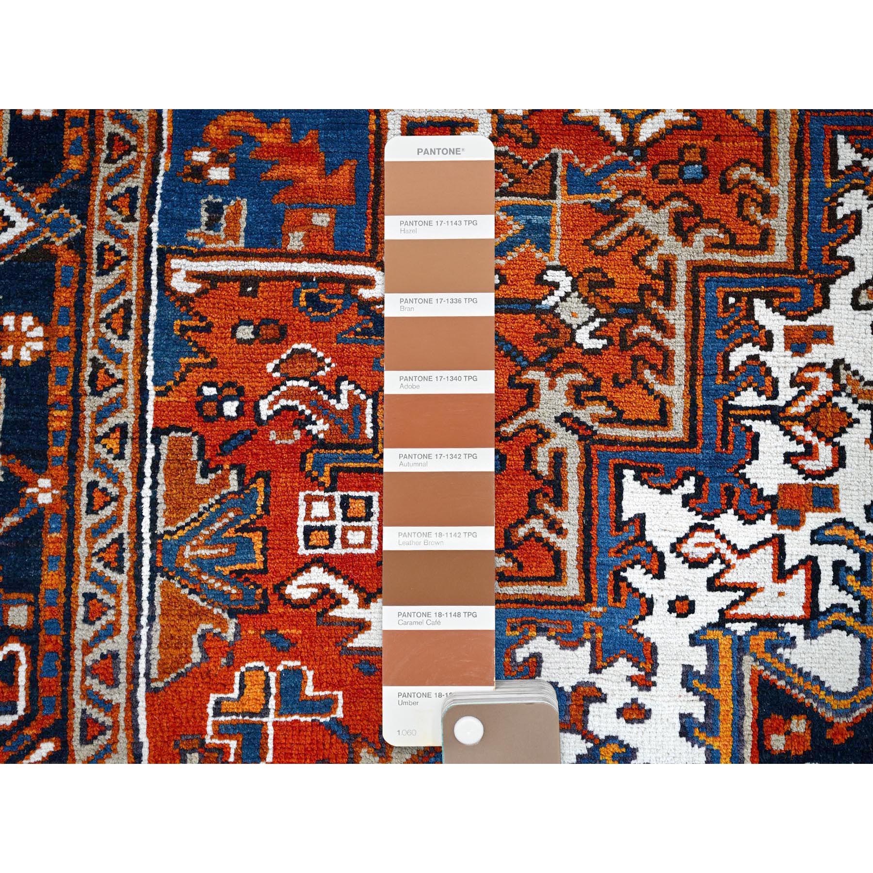 6'10"x8'10" Chili Red, Vintage Persian Heriz with Geometric Medallion Design, Even Wear, Shaved Low, Good Condition, Sides and Ends Professionally Secured, 100% Wool, Hand Knotted, Oriental Rug Sh253