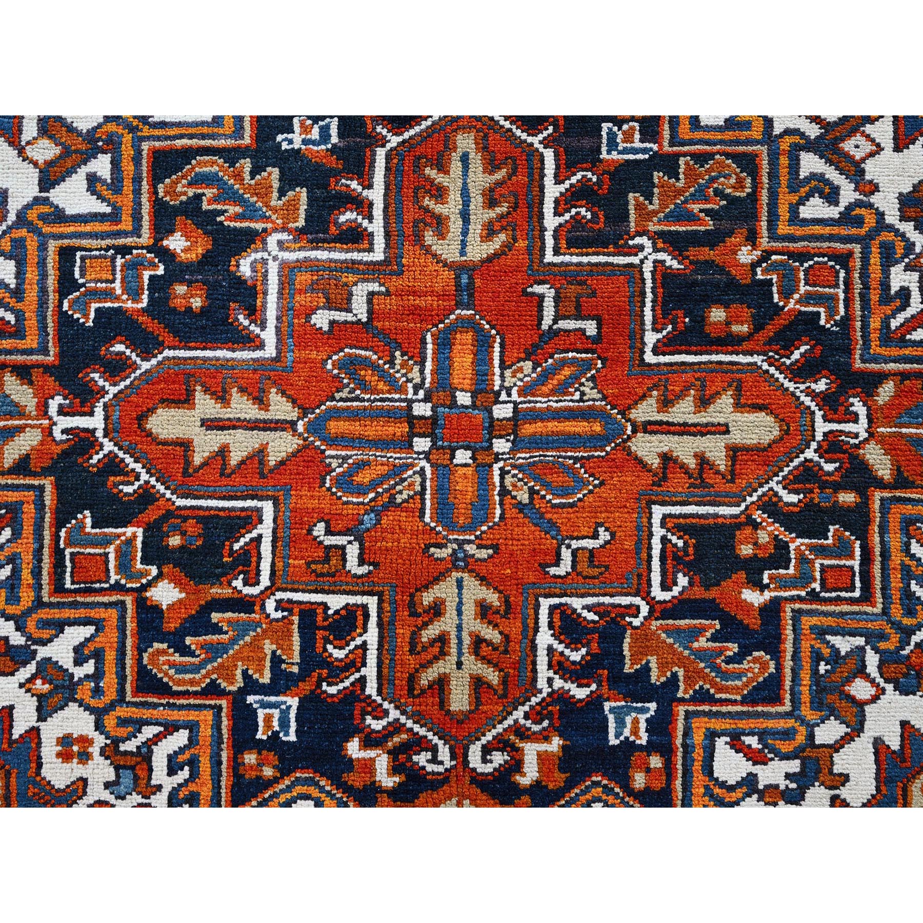 6'10"x8'10" Chili Red, Vintage Persian Heriz with Geometric Medallion Design, Even Wear, Shaved Low, Good Condition, Sides and Ends Professionally Secured, 100% Wool, Hand Knotted, Oriental Rug Sh253