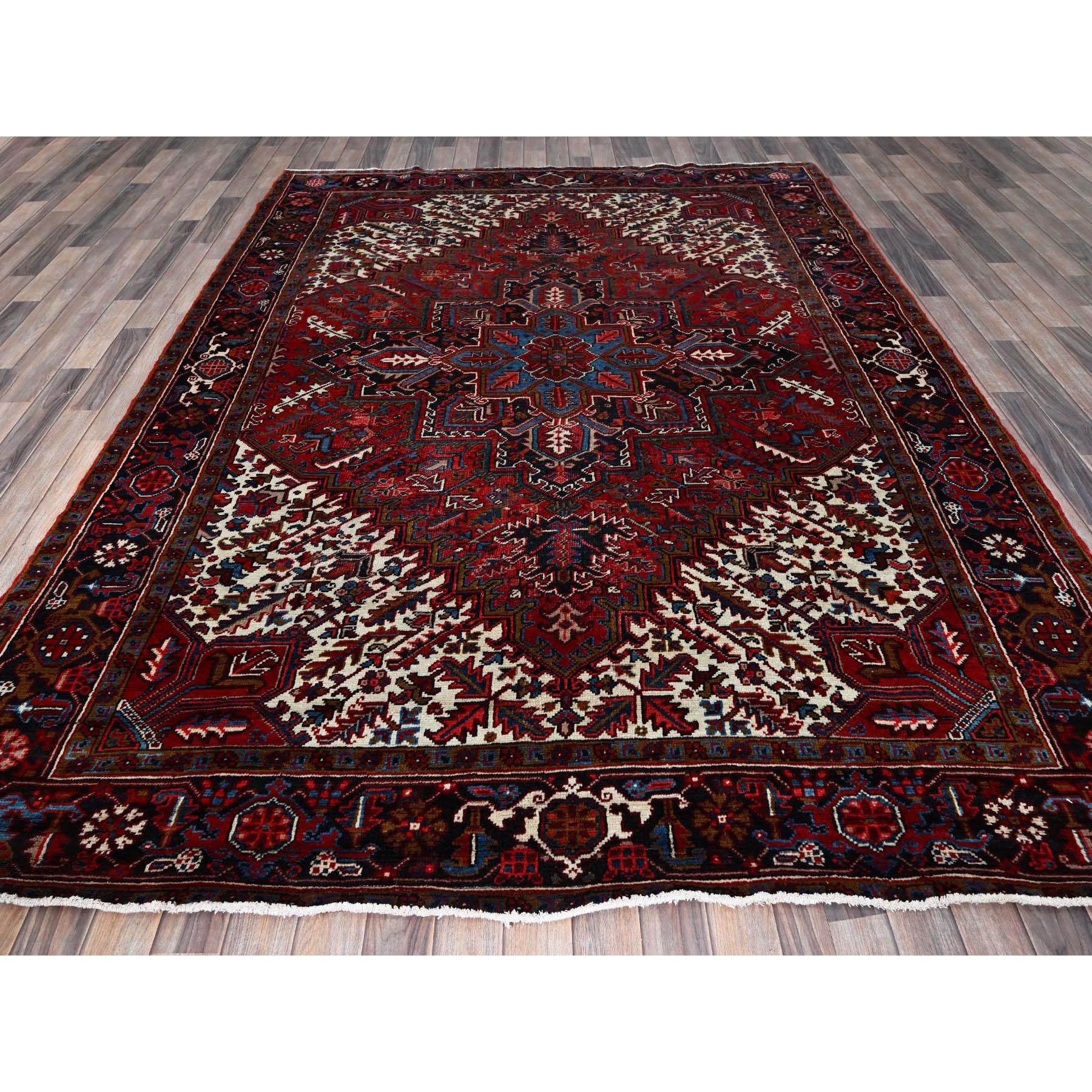 7'3"x9'5" Auburn Red, Vintage Persian Heriz with Geometric Medallion Design, 100% Wool, Hand Knotted, Shaved Down, Excellent Condition, Sides and Ends Professionally Secured, Oriental Rug Sh254