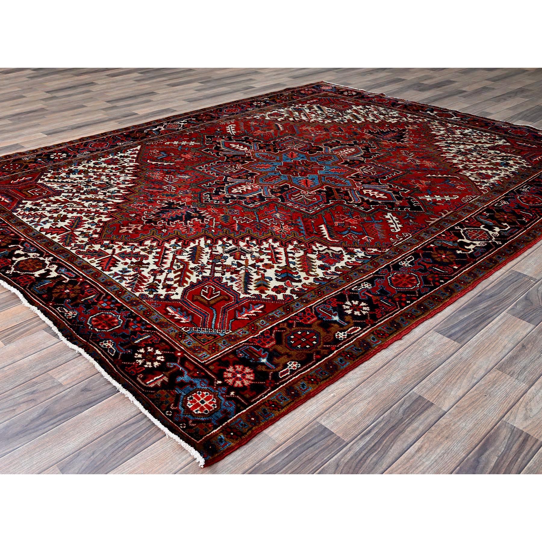 7'3"x9'5" Auburn Red, Vintage Persian Heriz with Geometric Medallion Design, 100% Wool, Hand Knotted, Shaved Down, Excellent Condition, Sides and Ends Professionally Secured, Oriental Rug Sh254